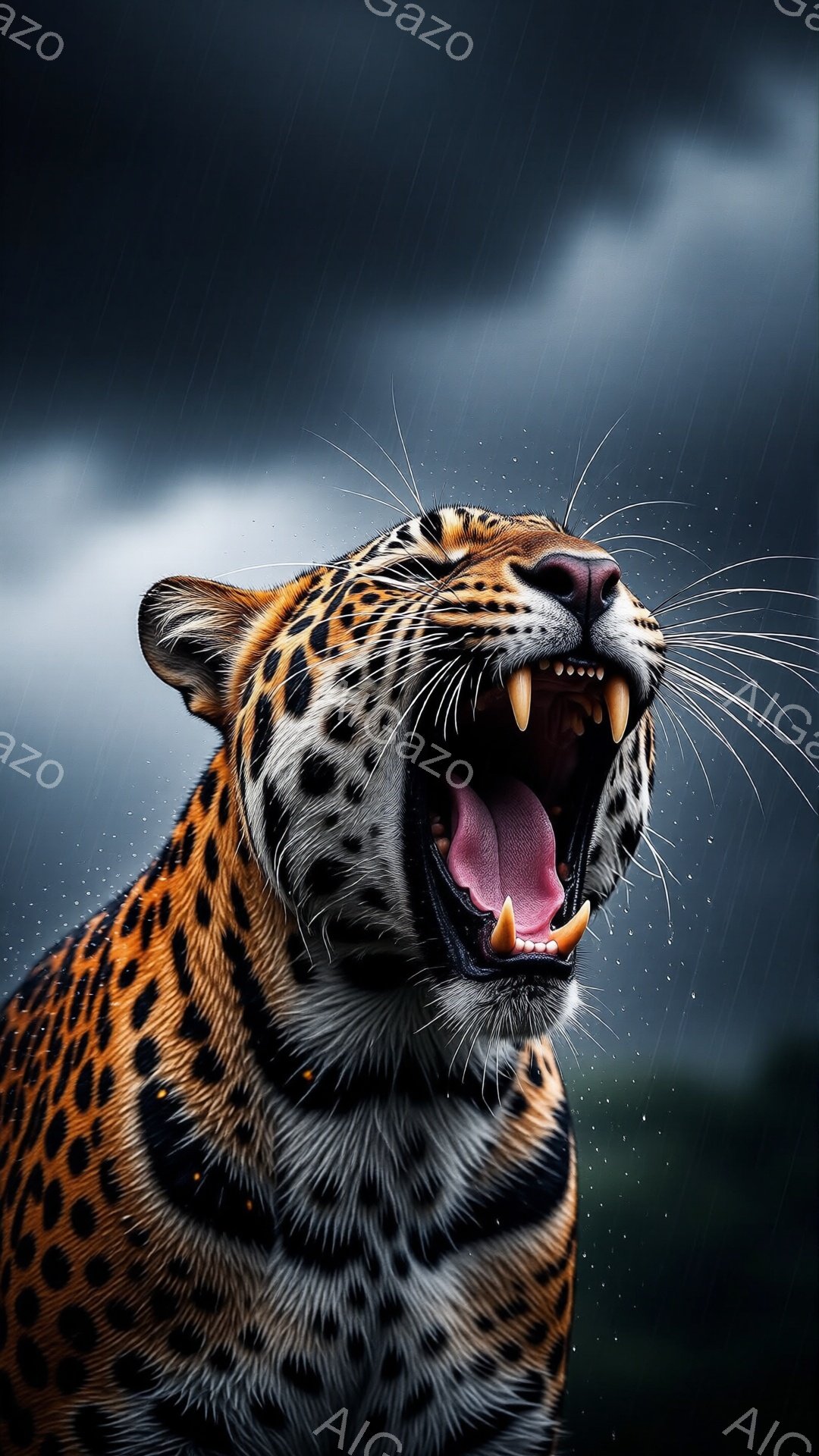 鮮やかな斑模様を持つジャガーが、口を開けて牙をむき出し、咆哮している姿が捉えられています。雨粒がジャガーの毛並みに付着し、背景には暗い雲が広がり、力強く荒々しい雰囲気を醸し出しています。毛並みの質感と鋭い牙が強調され、野生動物の迫力と美しさが表現されています。