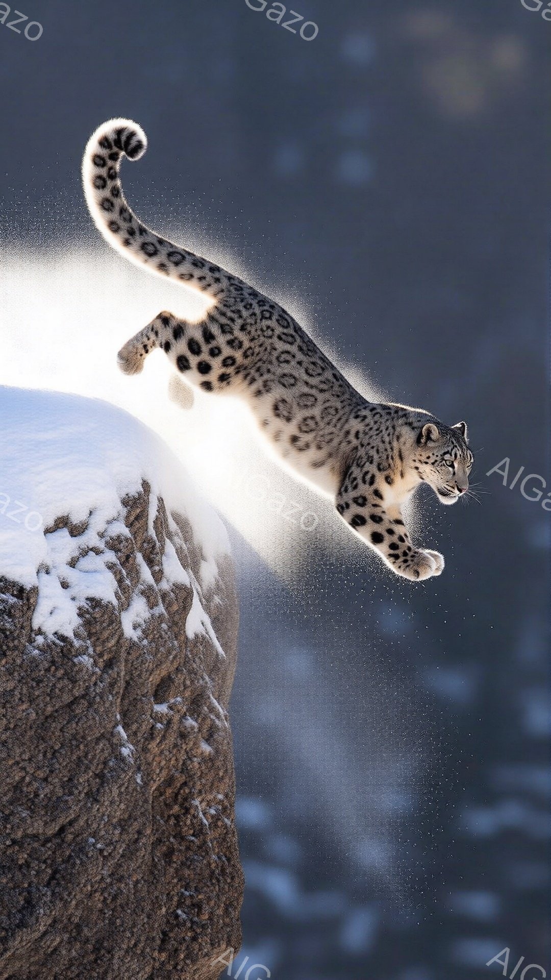 雪を背景に、ヒョウが岩の上から飛び降りる瞬間を捉えた写真です。力強い跳躍と、美しい毛並みが印象的で、雪が舞い散る中で躍動感あふれる姿が際立っています。背景には険しい山々が広がり、野生の自然を感じさせる、壮大でダイナミックな雰囲気です。