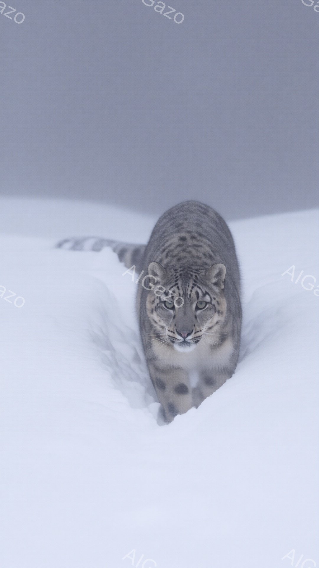雪の中に潜む雪豹が写っている。その毛並みは灰色と白が混ざり合い、周囲の雪景色と見事に調和している。鋭い眼光とわずかに開いた口元は、獲物を狙う緊張感と威厳を感じさせる。
