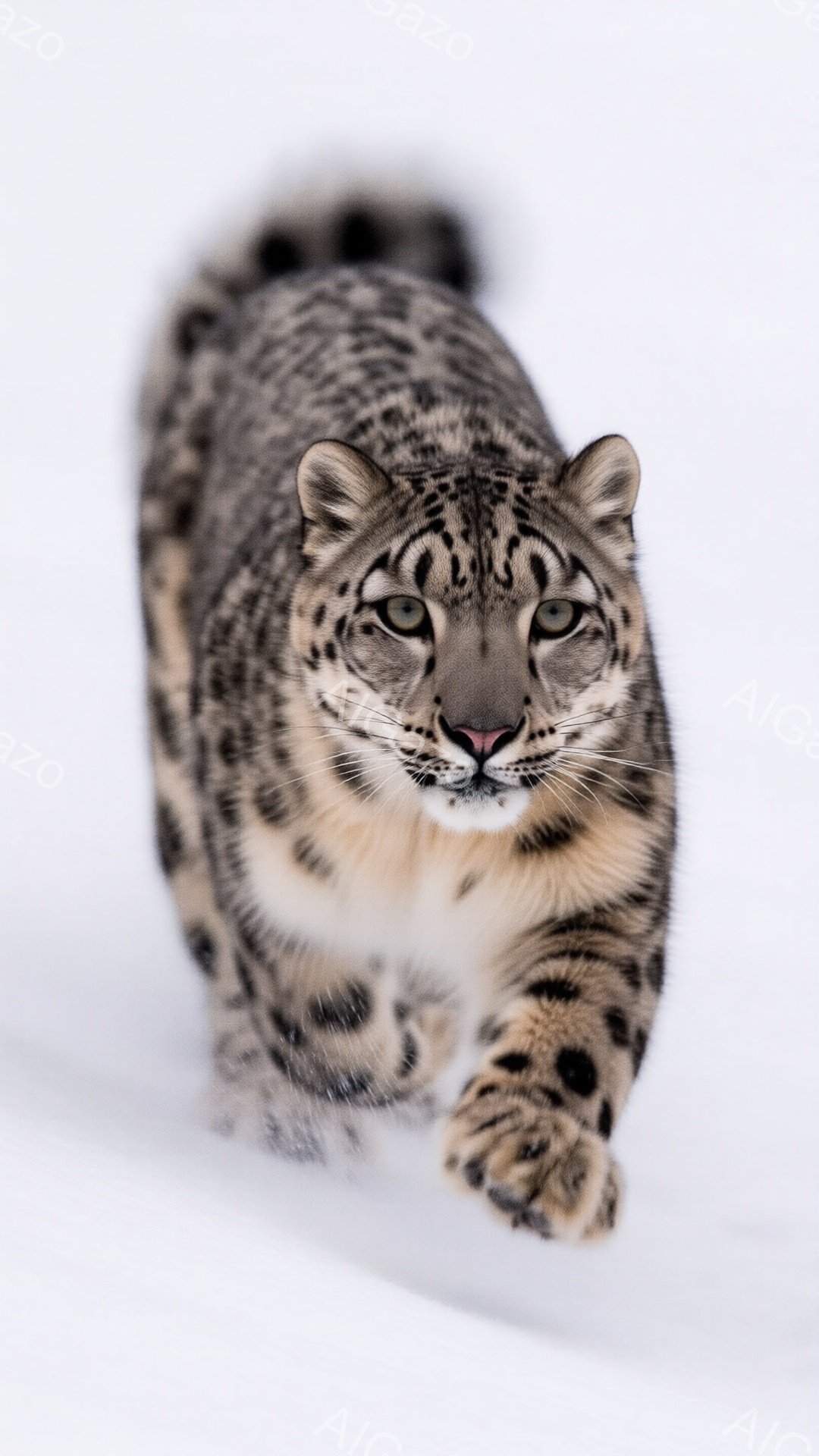 雪景色の中、雪豹がこちらに向かって歩いてくる姿が捉えられています。その毛並みは灰色と白の美しい模様で覆われ、鋭い眼光は力強さを表しています。背景は一面の雪で、雪豹の存在をより際立たせています。