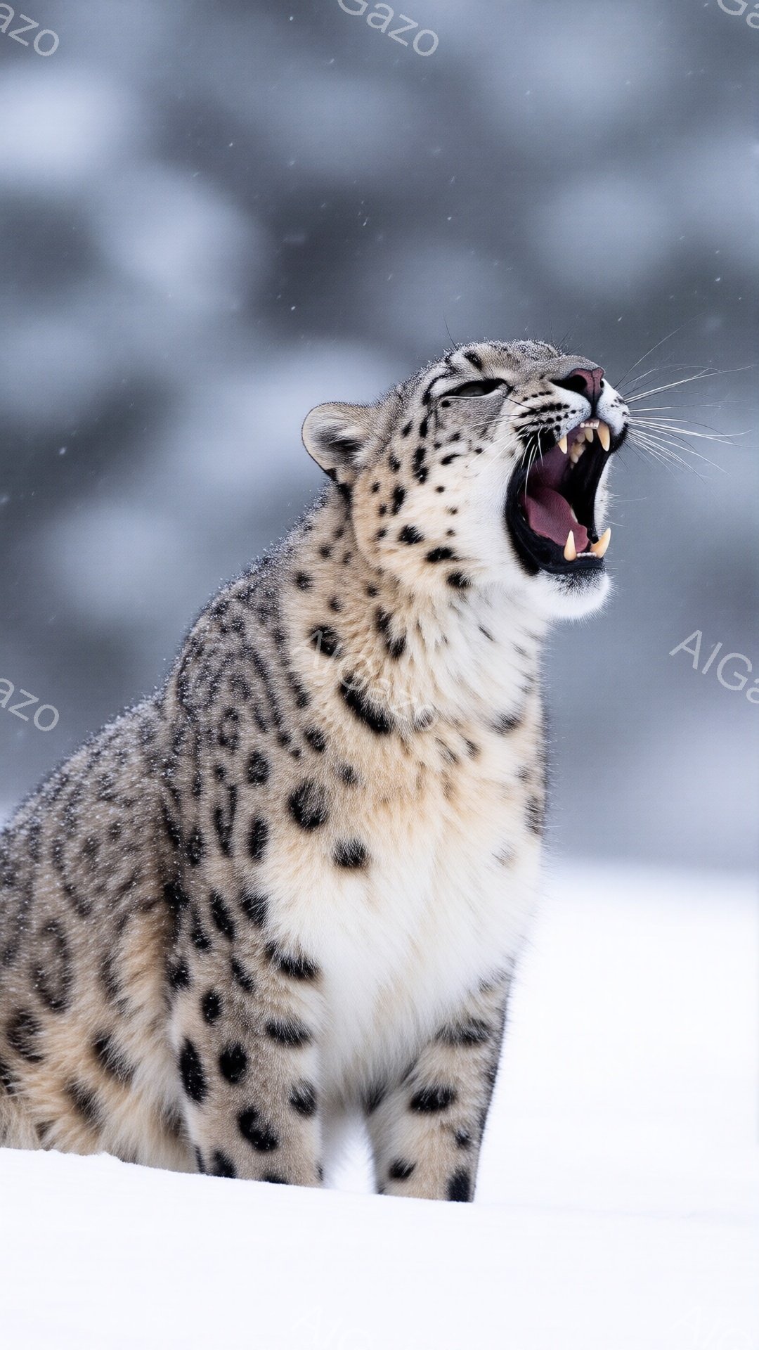 雪景色の中で、雪豹が口を開けて咆哮している姿が捉えられている。毛並みは白と黒の美しい斑模様で、雪景色によく映えている。背景はぼやけており、雪が舞っている様子が伺え、厳しい冬の自然を感じさせる。