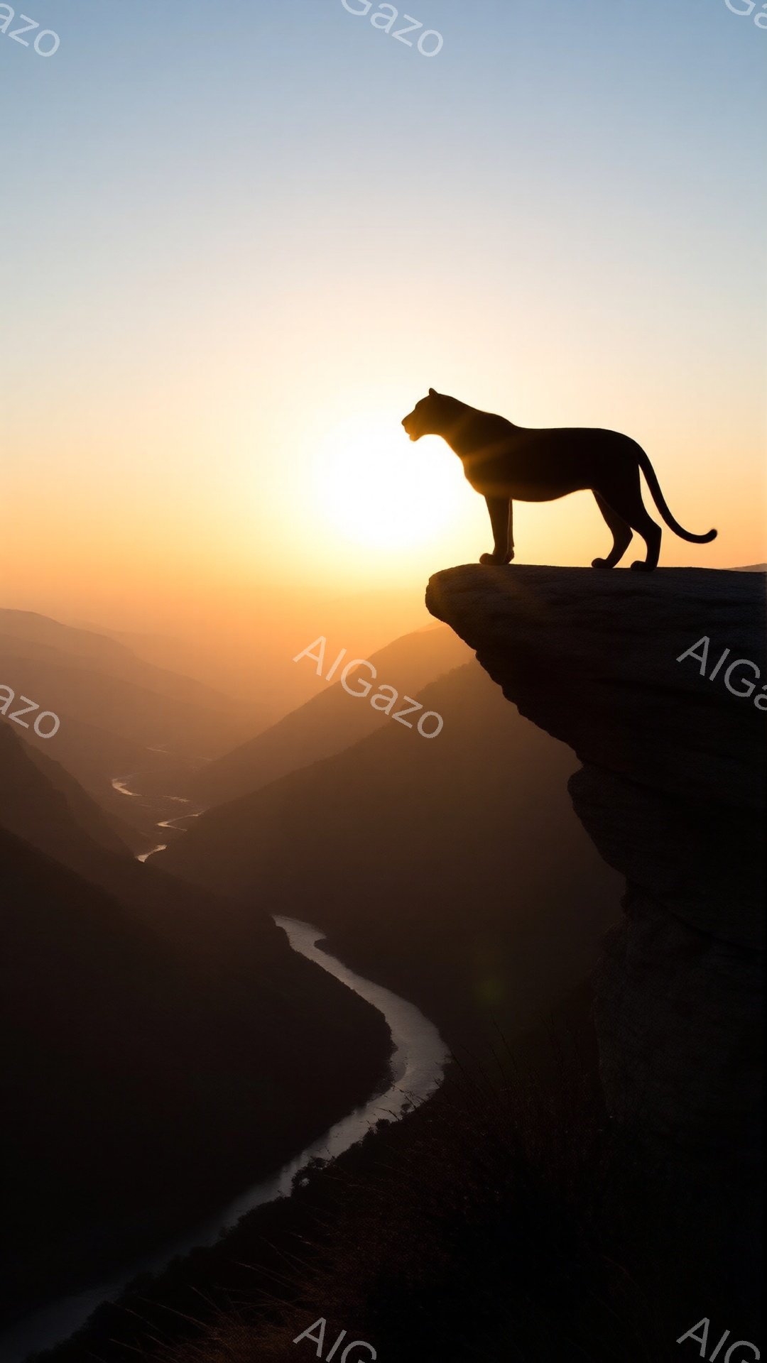 崖の上にシルエットで描かれた一匹の大きな猫科動物が立っている。背景は夕焼けに照らされた渓谷と蛇行する川で、暖かくドラマチックな雰囲気を醸し出している。猫科動物は力強く堂々とした姿勢で、夕日に向かって遠くを見つめている。