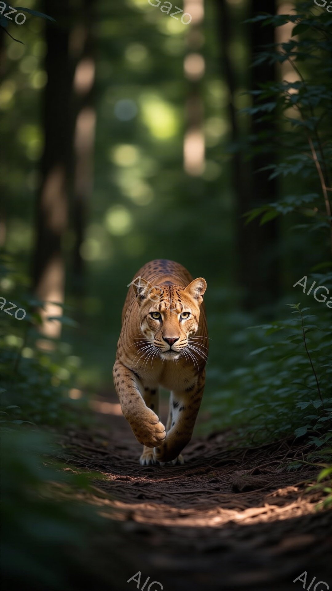 鬱蒼とした緑の森林の中を、アムールネコが力強く歩いている様子が捉えられています。その毛並みは鮮やかなオレンジ色と黒の縞模様で覆われ、鋭い眼光で前方を見据えています。地面は落ち葉で覆われ、木漏れ日が差し込み、神秘的で野生的な雰囲気を醸し出しています。
