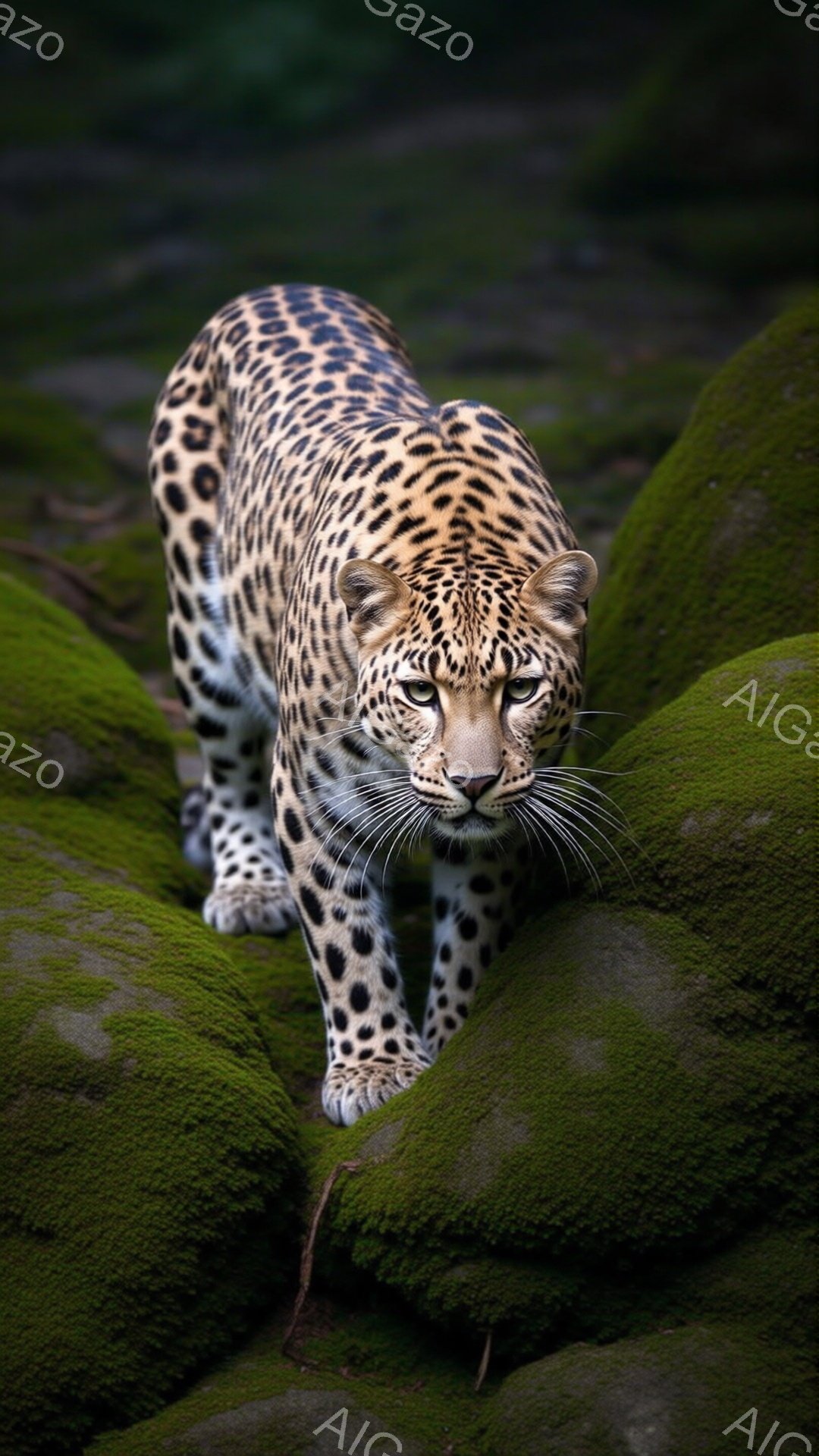 緑豊かな苔に覆われた岩の間を、ヒョウが獲物を狙うように歩いている。その毛皮は特徴的な斑点模様で覆われ、鋭い眼差しは緊張感を漂わせている。背景は暗く、ヒョウの引き締まった筋肉質な体躯と、苔の鮮やかな緑色が際立っている。