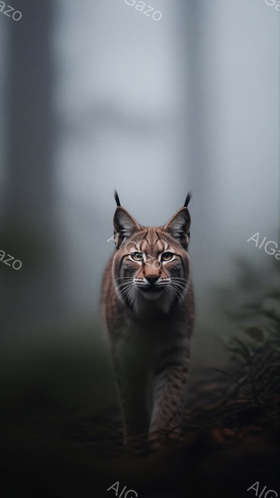 画像は、茶色とグレーの毛並みを持つヨーロッパオオヤマネコが、暗い森の中を正面からこちらへ向かって歩いている様子を捉えている。その表情は鋭く、獲物を狙っているかのように見え、力強い前足が地面に着いている。背景はぼやけた緑色の木々で、全体的にミステリアスで静謐な雰囲気を醸し出している。