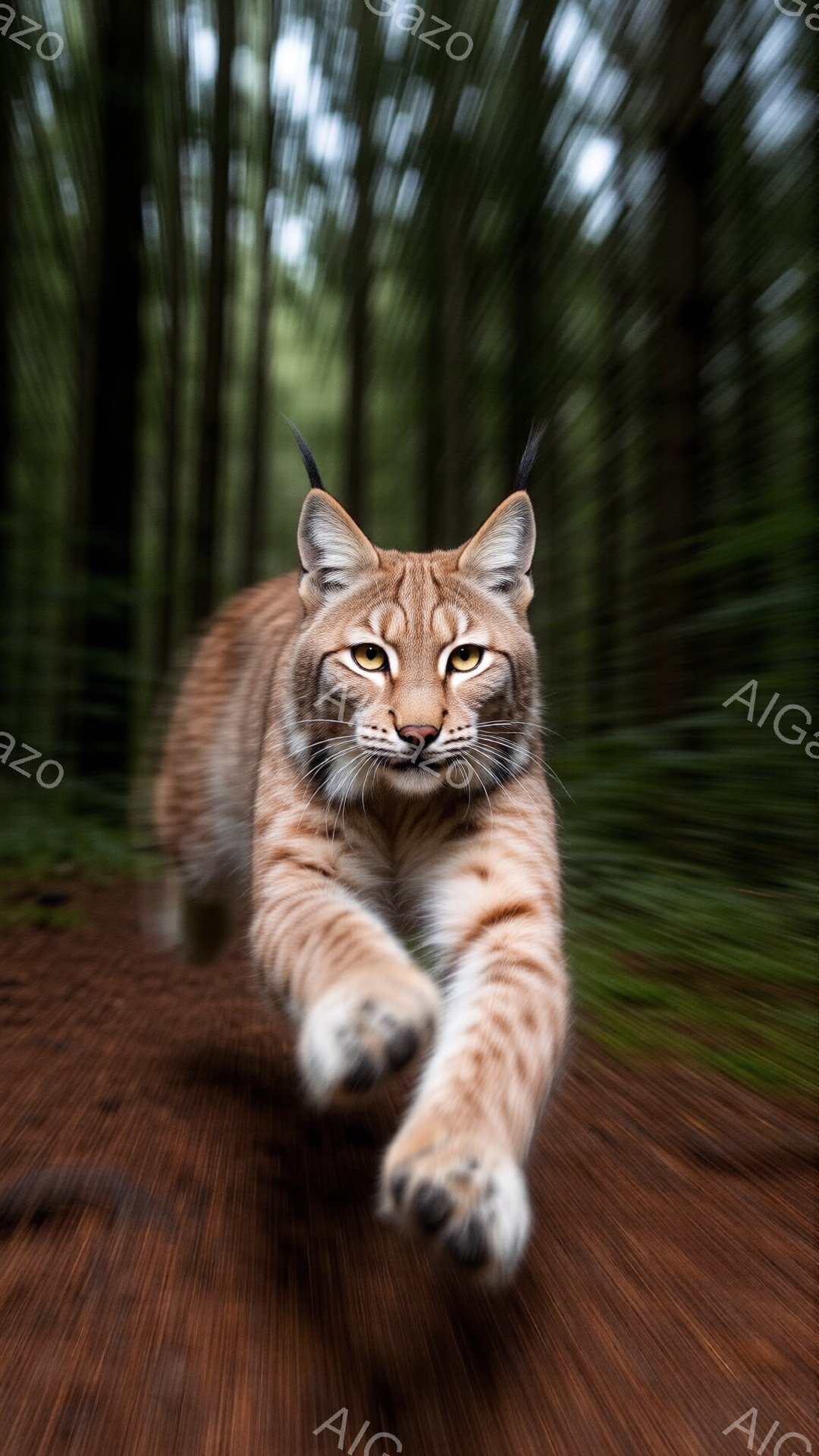 茶褐色の毛並みを持つオオヤマネコが、森の中を勢いよく走り出している様子が捉えられています。鋭い眼光と、前に伸びた前脚からは、獲物を狙う力強い躍動感が伝わってきます。背景は緑豊かな森林で、動きのあるオオヤマネコとのコントラストが印象的です。