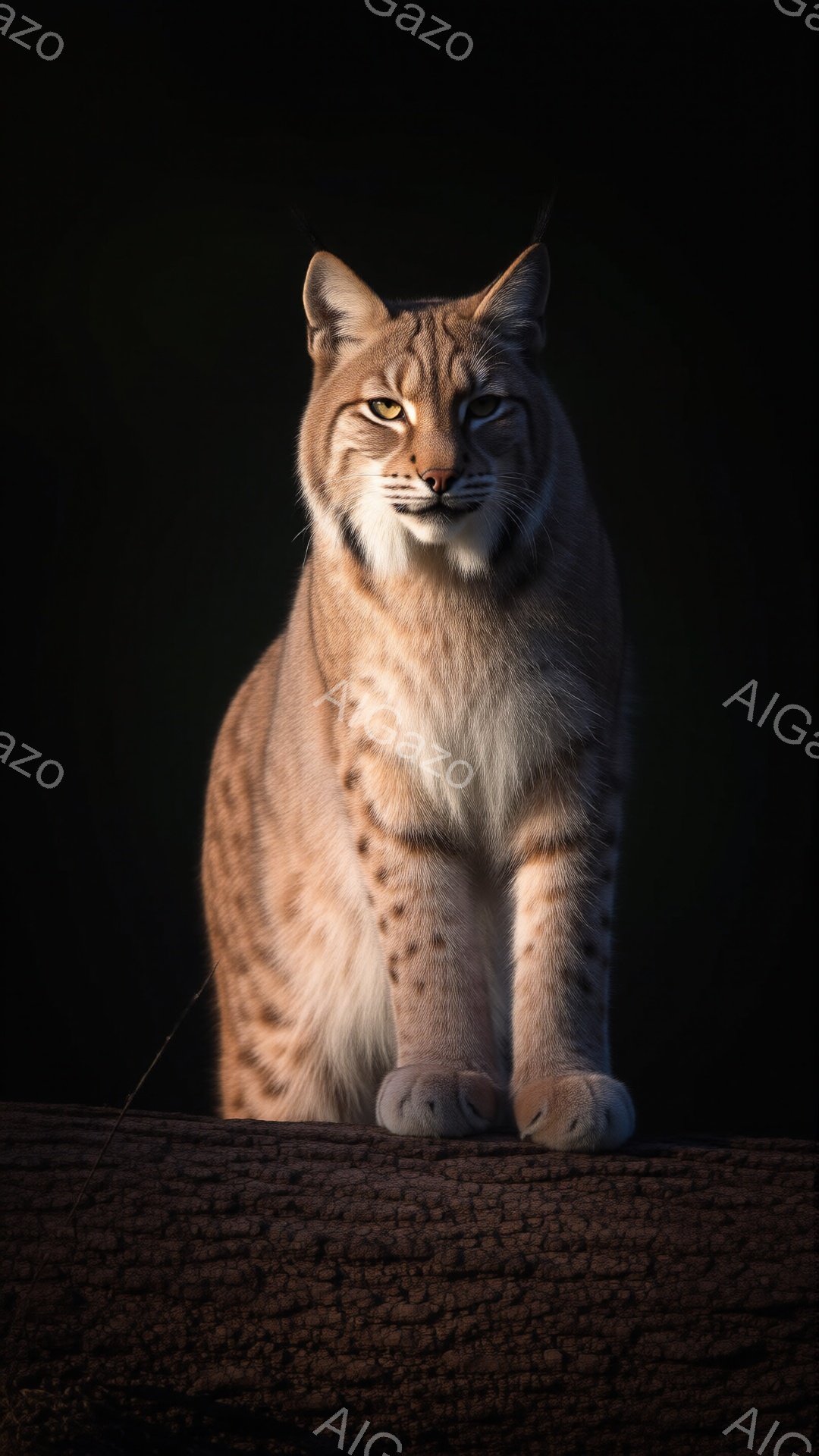 画像は、木製の表面に佇む一匹のヨーロッパオオヤマネコを捉えています。その毛並みは明るい茶色で、腹部にかけて白く、鋭い眼差しは鑑賞者の視線を捉えます。暗い背景がオオヤマネコの輪郭を際立たせ、野生動物の力強さと静謐さを強調しています。