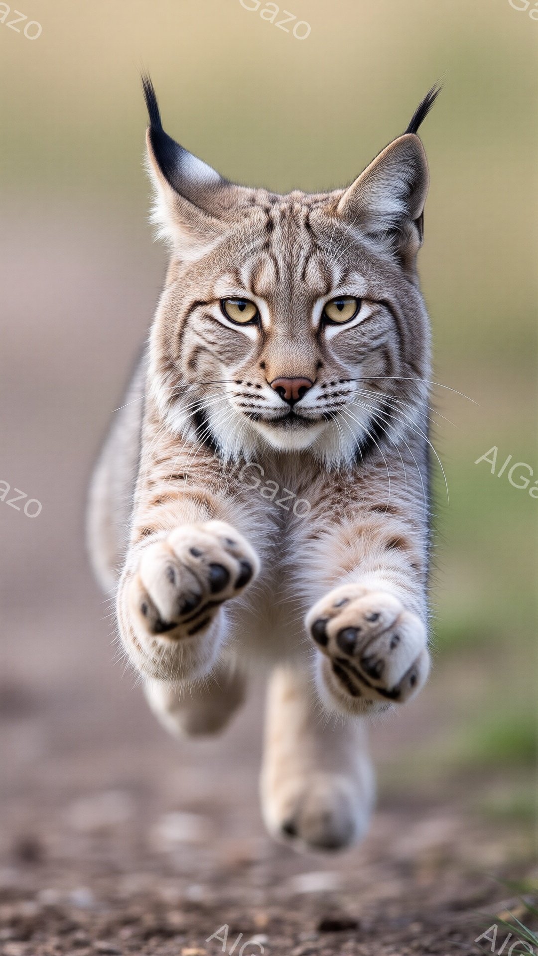 鮮やかな毛並みを持つオオヤマネコが、まるで空中で凍りついたかのように、前足を伸ばして飛びかかっている姿が捉えられています。鋭い眼光と引き締まった表情からは、獲物を狙う力強い生命力が感じられます。背景はぼやけた茶色の地面と緑の草で、動きの速さと獲物への集中を強調しています。