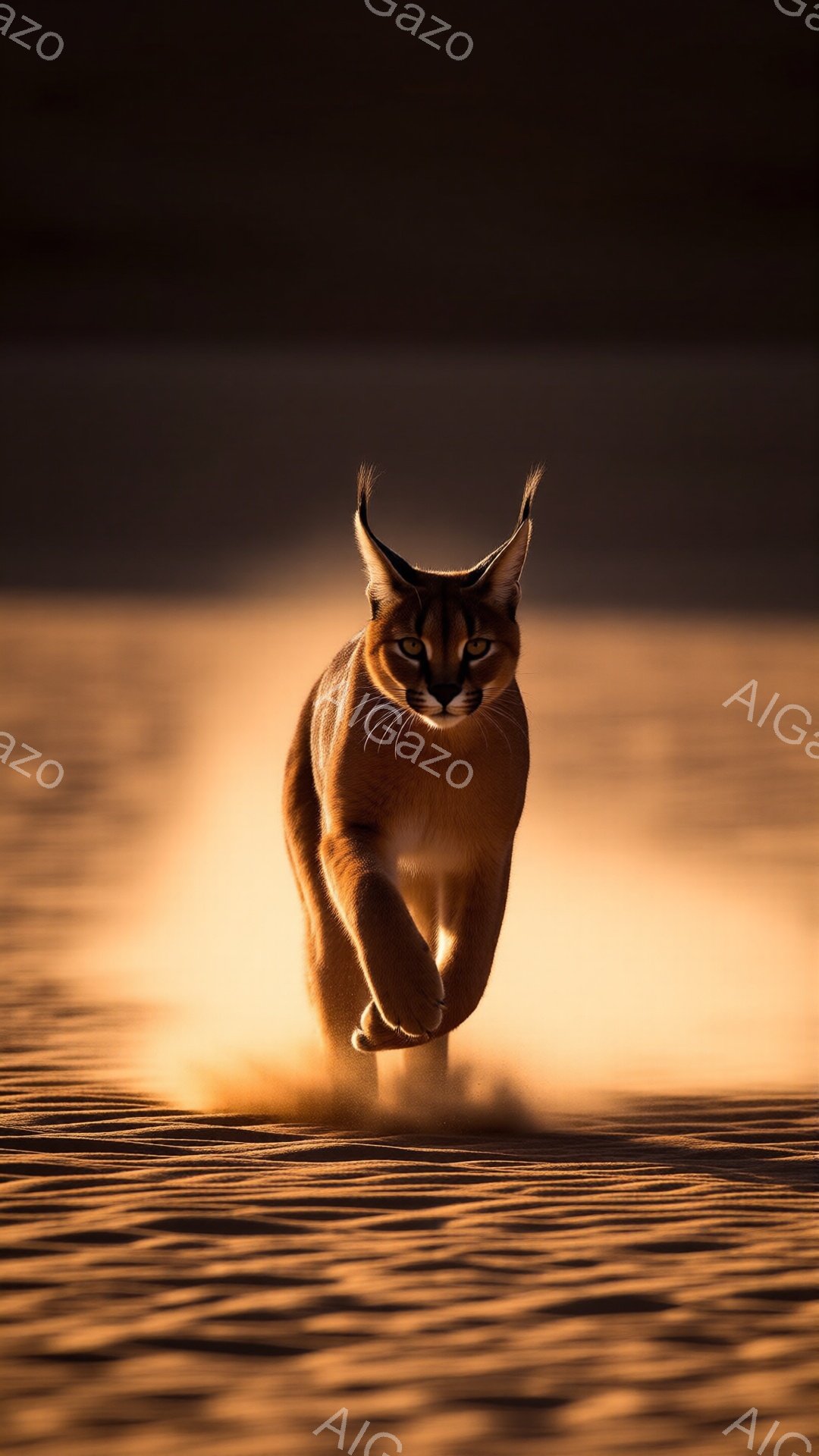 砂漠を疾走するカラカルが捉えられています。その毛並みは鮮やかなオレンジ色で、耳の先端の黒い模様が特徴的です。背景は砂漠の砂丘が広がり、太陽の光が砂埃を照らし、ドラマチックな雰囲気を醸し出しています。