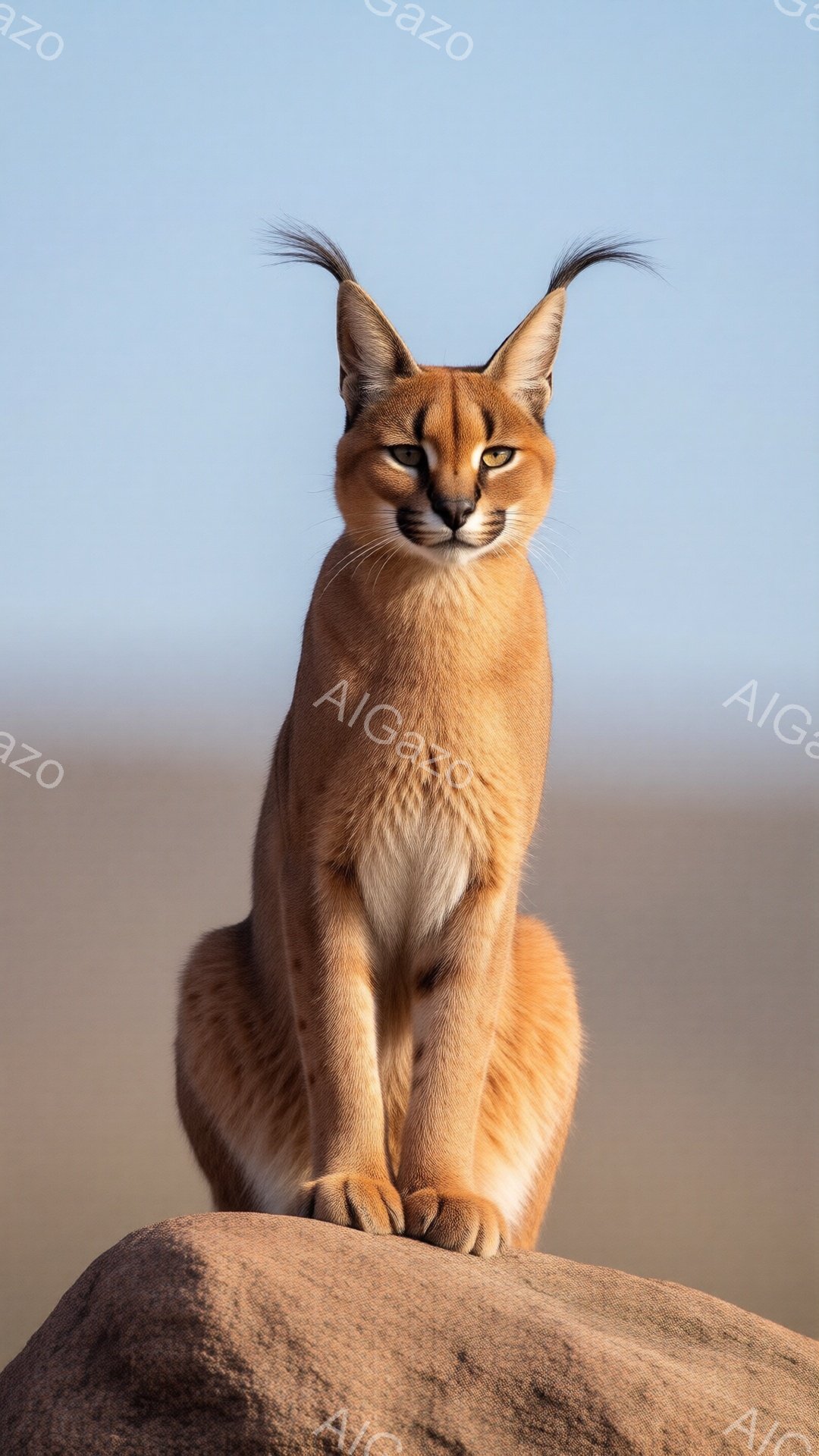 滑らかな毛並みのカラカルが、岩の上に堂々と佇んでいる。その表情は自信に満ち溢れ、鋭い眼差しは遠くを見つめている。背景には砂漠のような風景が広がり、晴天の下、力強く生きる野生動物の姿が印象的だ。 - AI生成フリー素材
