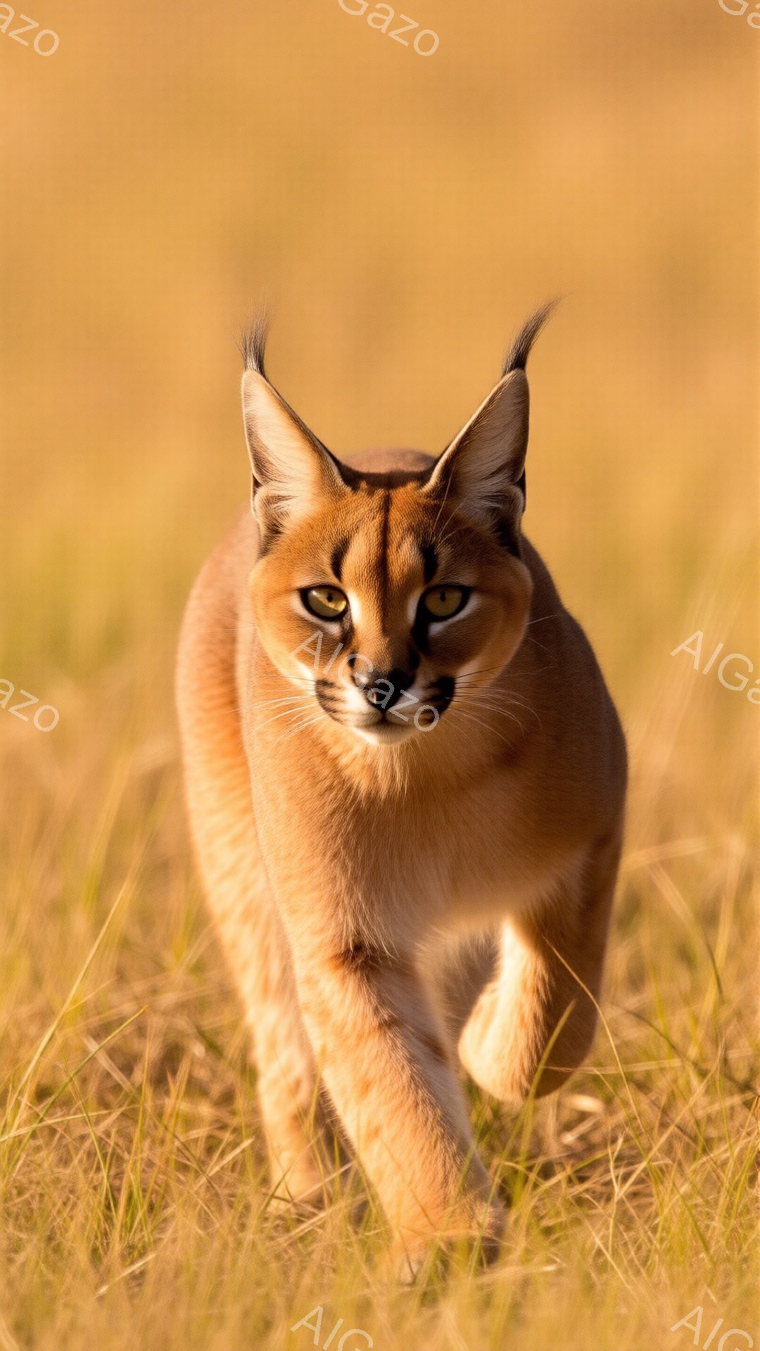 金色の草原を、茶色の毛並みのカラカルが正面を向いて歩いている。鋭い眼光とピンと立った耳が特徴的で、獲物を狙うような、または警戒しているような表情をしている。背景は乾燥した草地が広がり、暖かい日差しが照らし、野生動物の自然な姿を捉えた一枚である。