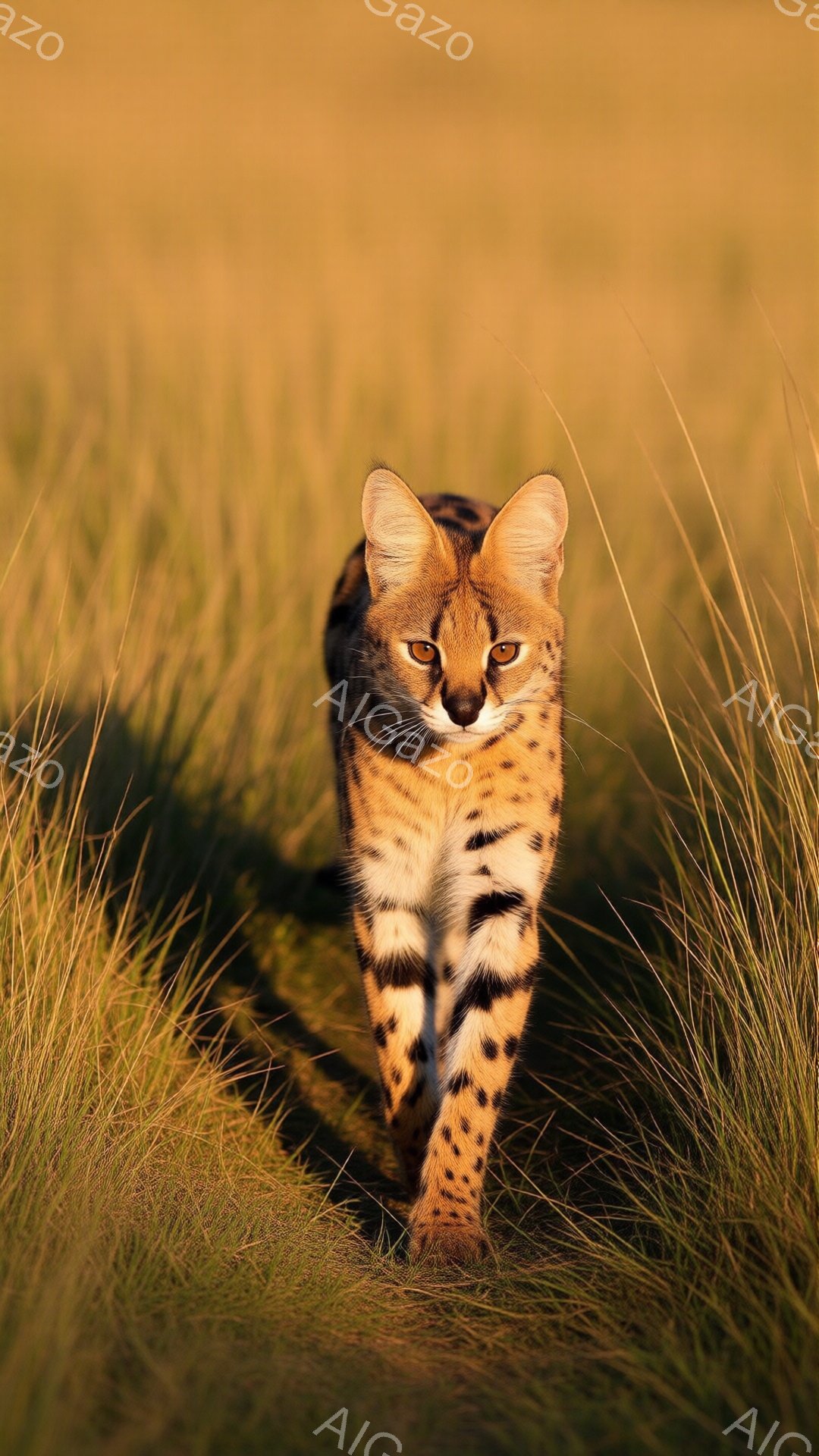 鮮やかな日差しが差し込む草原を、サーバルが力強く歩いている姿が捉えられている。その毛並みは特徴的な斑点模様で、黄色と黒のコントラストが美しい。周囲には背の高い草が茂り、暖かく穏やかな雰囲気を醸し出している。