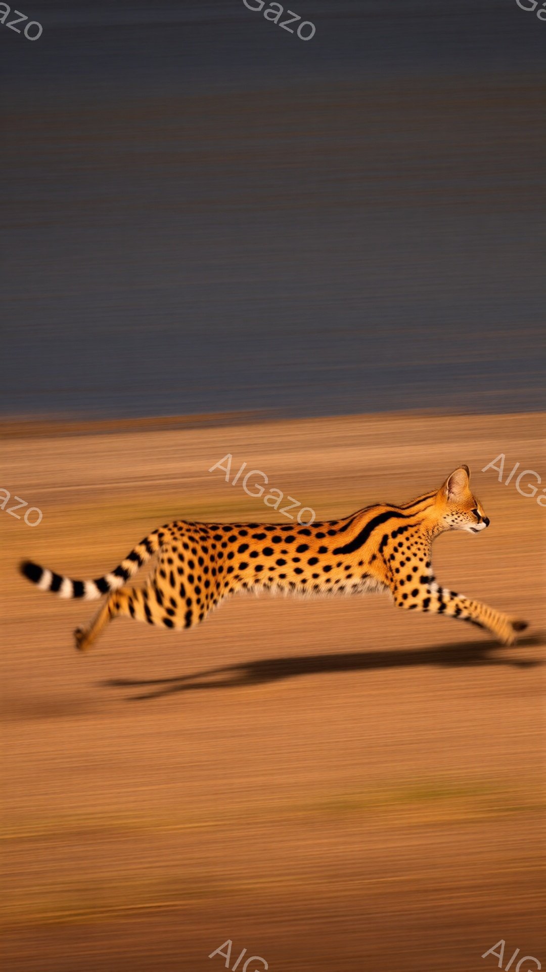 砂漠のような茶色の背景を、斑点模様のチーターが躍動的に走っている姿が捉えられています。チーターは前足を大きく伸ばし、尾をピンと伸ばして、スピード感を強調しています。背景はモーションブラーがかかっており、チーターの動きの速さを表現しています。