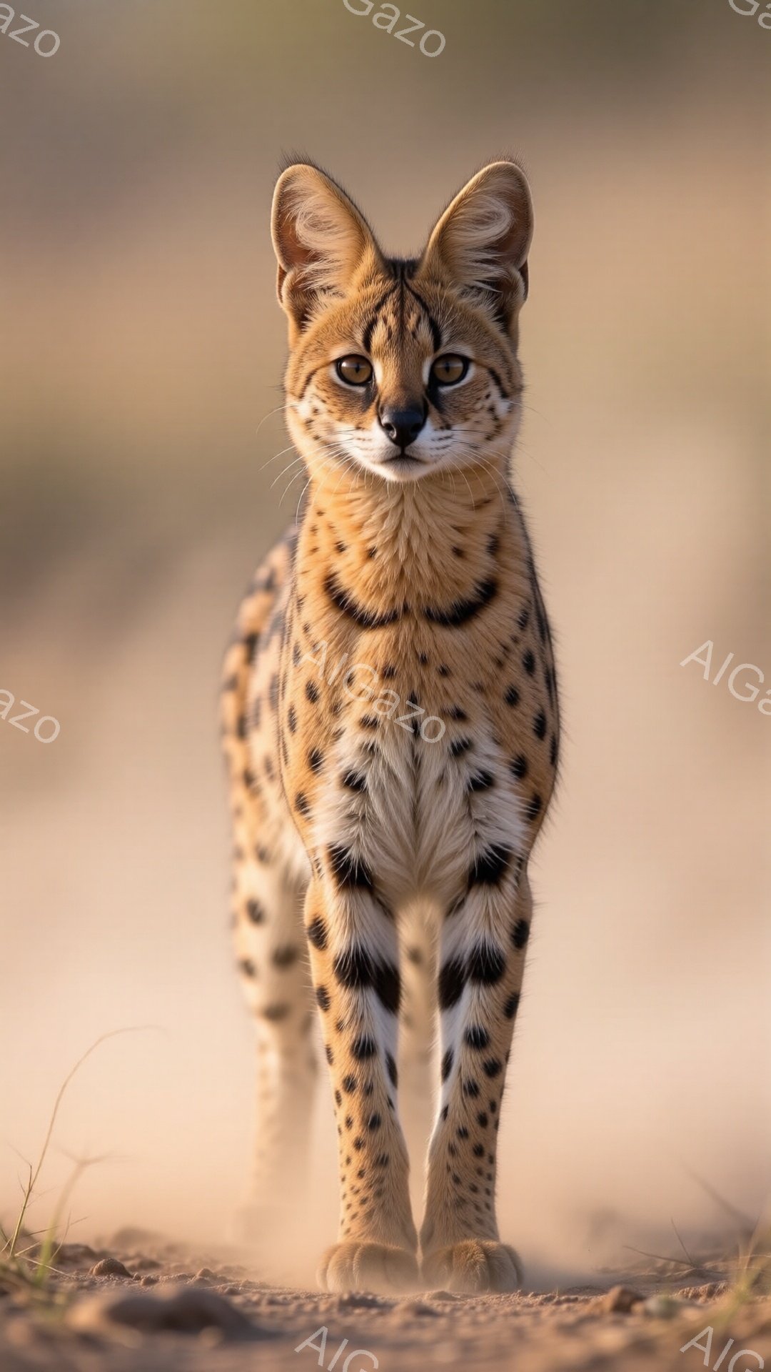 鮮やかな斑点模様を持つサーバルが、砂色の地面を背景に正面を向いて立っている。その毛並みは明るい黄褐色で、脚には特徴的な黒い斑点が並び、耳は大きく尖っている。背景はぼやけた砂地の風景で、柔らかな光が全体を包み込み、穏やかで自然な雰囲気を醸し出している。