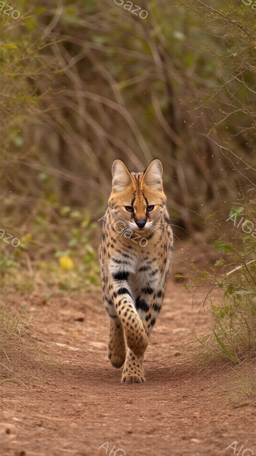 砂色の土の道の上を、美しい斑点模様のカラカルが勢いよく駆けている。その鋭い眼差しは前方に固定され、獲物を狙っているかのように見える。背景には緑豊かな低木が茂り、カラカルの動きを際立たせ、野生の自然を感じさせる雰囲気である。