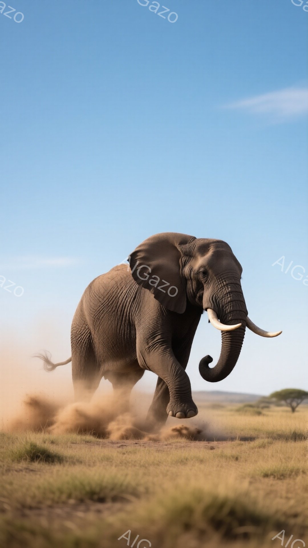 広大なサバンナで、大きなアフリカゾウが猛スピードで駆け抜けている様子が捉えられています。埃が舞い上がり、ゾウの力強い足取りと躍動感が伝わってきます。背景には乾燥した草原と遠くに見える木々が広がり、晴天の空がその壮大な光景を彩っています。