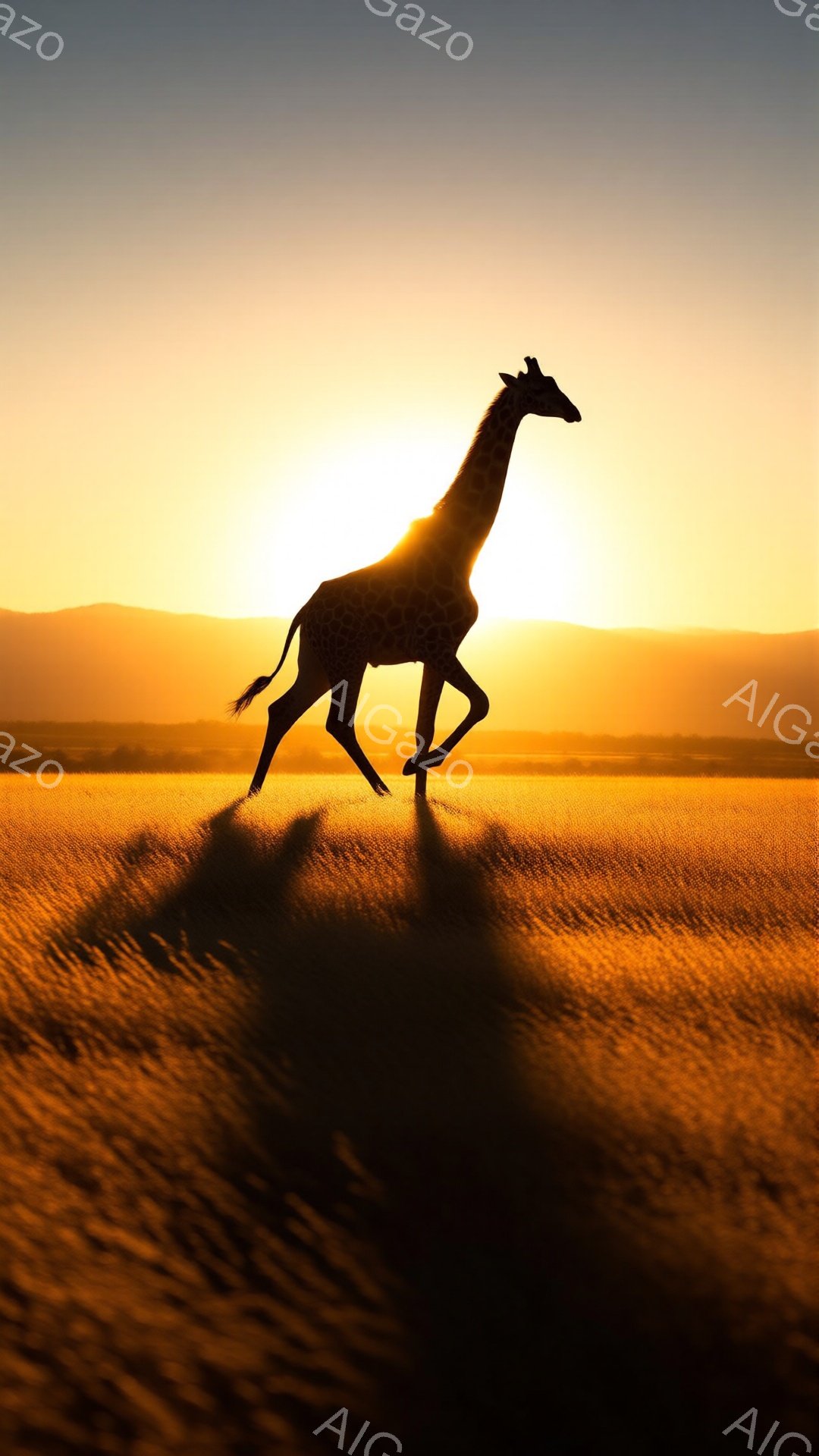 広大なサバンナで、夕焼けを背景にキリンがシルエットで描かれている。キリンは右方向に歩いているようで、その姿は力強く、優雅である。背景には低い山々が見え、空はオレンジ色と黄色が混ざり合った美しいグラデーションで、全体的に穏やかでドラマチックな雰囲気を醸し出している。