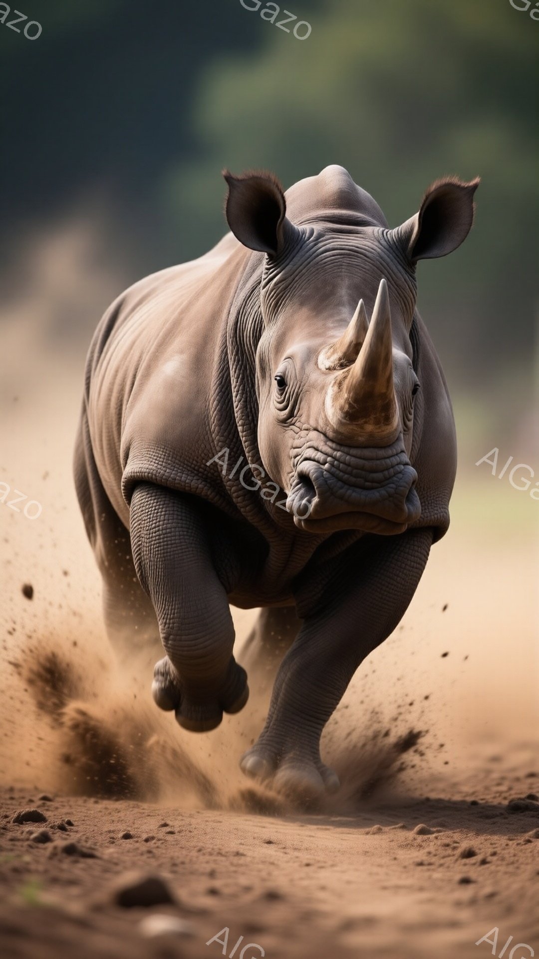 強力なアフリカゾウが、土埃を巻き上げながら疾走している様子が捉えられています。その姿は力強く、筋肉質な体躯と鋭い角が印象的です。背景はぼやけており、草原の風景がうかがえますが、焦点は完全にゾウのダイナミックな動きに当てられています。