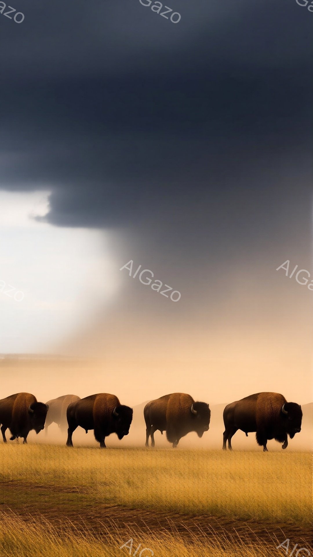 広大な黄金色の草原を、バイソン（アメリカバイソン）が列をなして歩いている様子が捉えられています。空は暗い雲に覆われ、まるで嵐の前のような重苦しい雰囲気が漂っていますが、バイソンの毛並みには光が当たり、力強く美しい姿を際立たせています。地面は乾燥しており、まるで大地の呼吸が止まっているかのような静寂が感じられます。