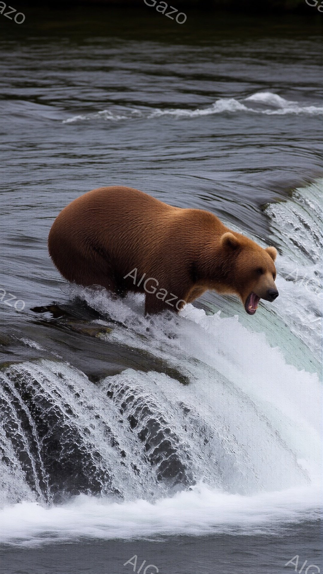 熊が激しい流れの川を跳ね越えています。その毛並みは茶色で、力強い筋肉がよくわかります。背景は水しぶきと水の流れで、自然の力強さと熊の躍動感が伝わってきます。