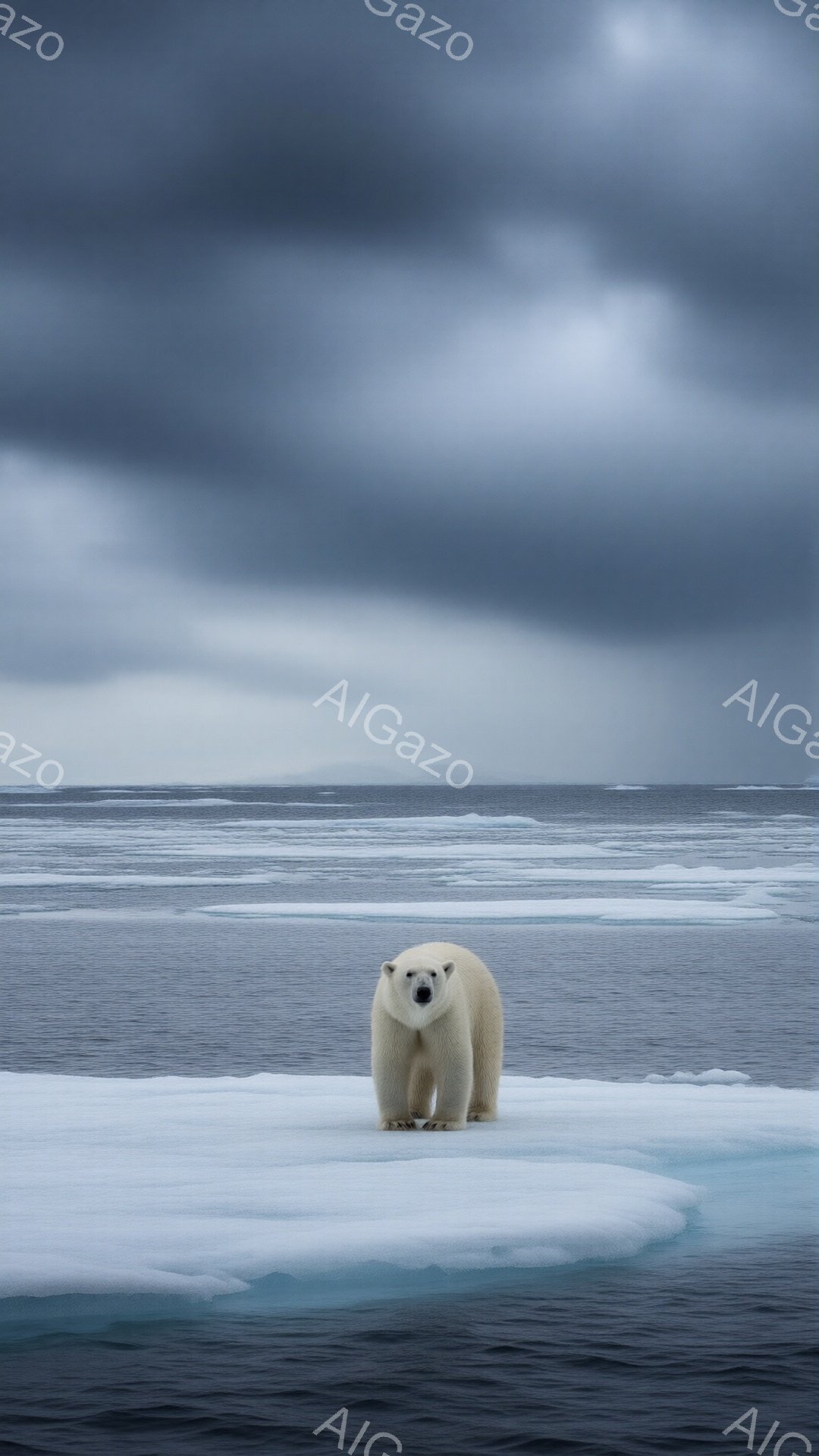 白いホッキョクグマが、砕けた氷の上に堂々と立っている。背景は暗い雲と、広大な氷の海であり、厳しい寒さと静寂が感じられる。全体的に、自然の力強さと北極の過酷な環境を表現した、荘厳で少し寂しげな雰囲気である。