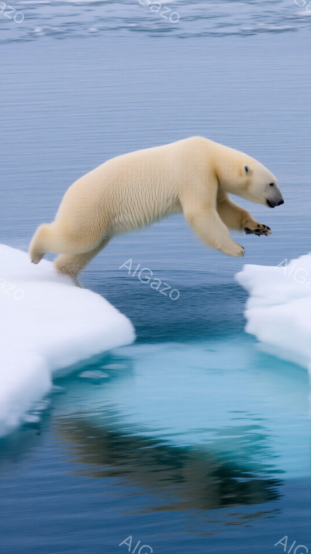 白いホッキョクグマが氷の塊の間を飛び越えています。背景は青い海と、氷が散らばる水面で、氷の反射が水面に映り込み、静かで冷たい雰囲気が漂っています。ホッキョクグマは活発で力強く、凍てつく自然の中で生き抜く姿が印象的です。