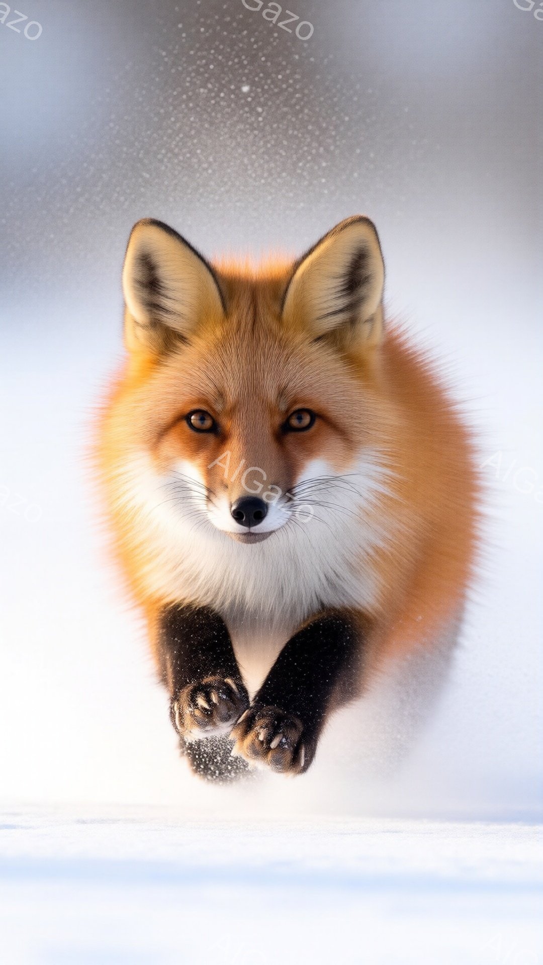 鮮やかな赤褐色の毛並みを持つキツネが、雪原を力強く飛び跳ねている様子が捉えられている。キツネは鋭い眼差しで正面を見つめ、まるで獲物を狙っているかのような迫力がある。背景は白く一面の雪景色で、舞い散る雪がキツネの躍動感をさらに強調している。