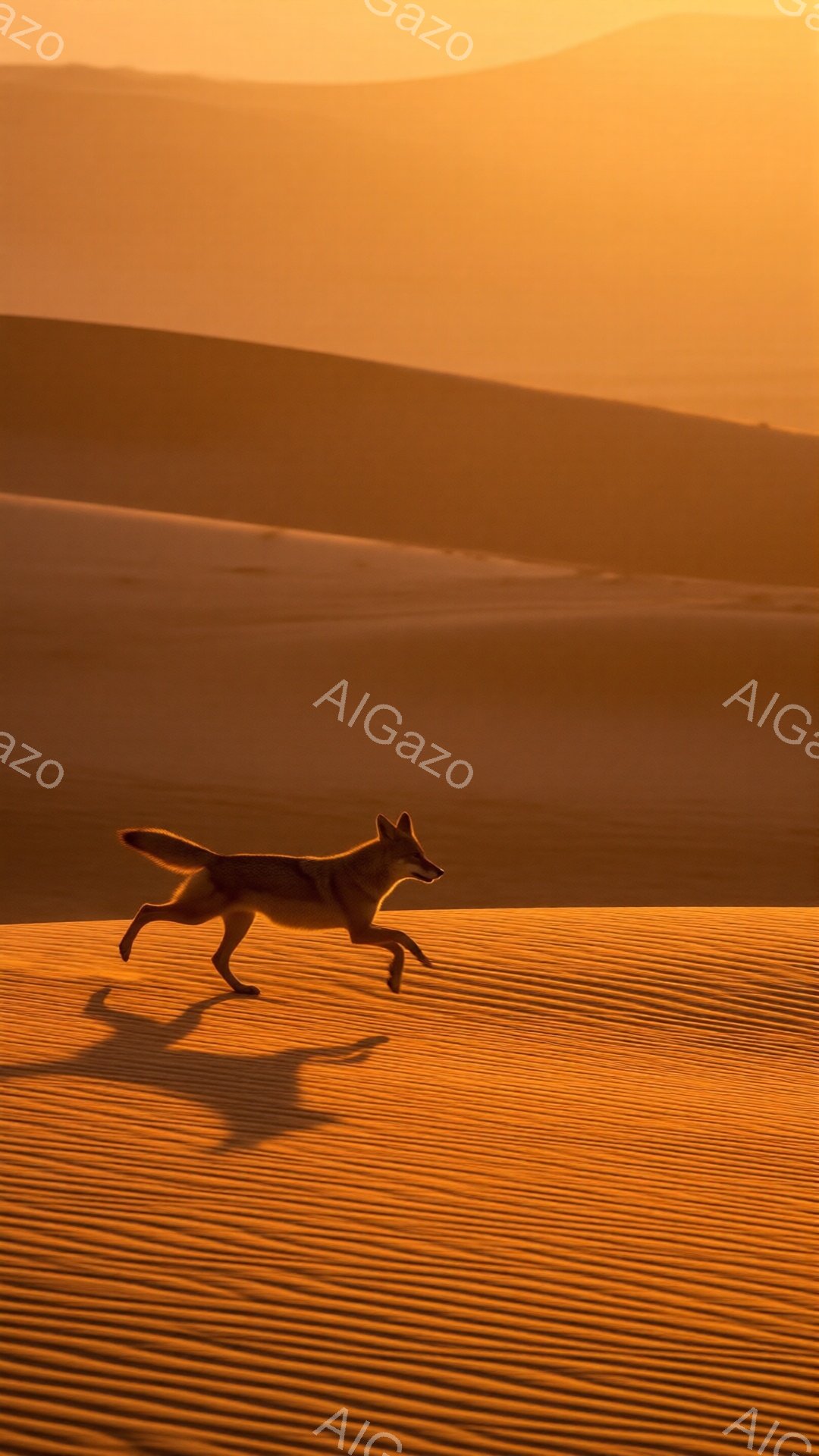 砂漠の砂丘を、毛並みの美しいコヨーテが一匹駆けている。夕焼けのオレンジ色の光が砂丘全体を照らし出し、コヨーテのシルエットと長い影がドラマチックに浮かび上がっている。暖かく、力強い生命力を感じさせる、静 - AI生成フリー素材