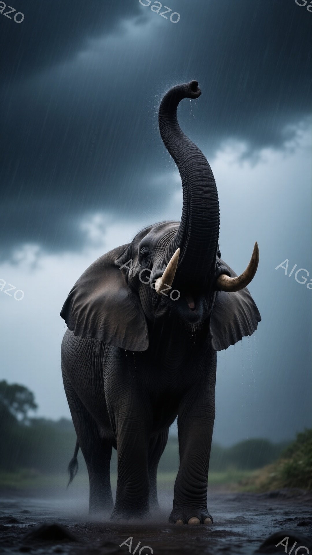巨大なアフリカゾウが、雨の中で力強く歩いている姿が捉えられています。象は鼻を高く上げ、大きな耳を広げ、力強い歩調で前進しています。背景には暗い空と緑豊かな植物があり、雨が降りしきる荒涼とした風景が広がっています。
