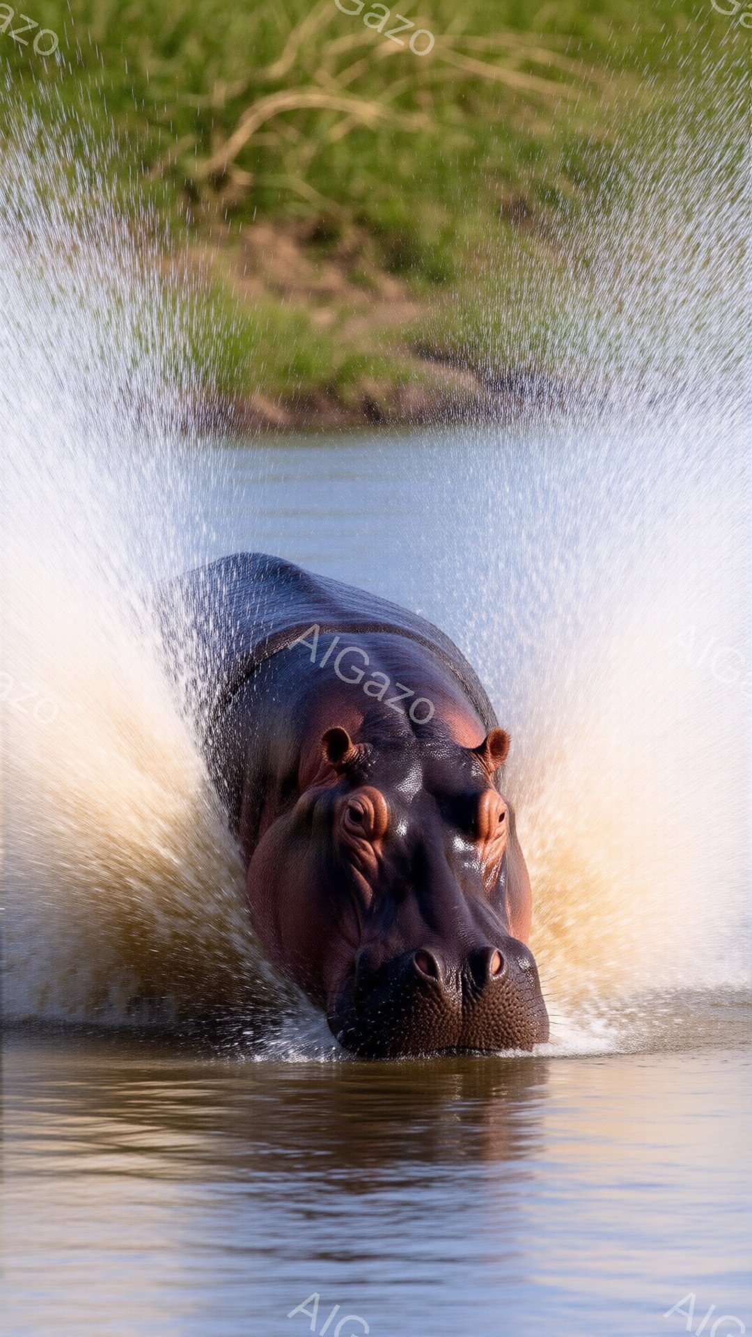 水中で大きな水しぶきを上げているカバが写っています。カバは水面から半分ほど姿を現し、口を開けています。背景には緑豊かな植物が見え、水面にはカバの動きによって波紋が広がっています。