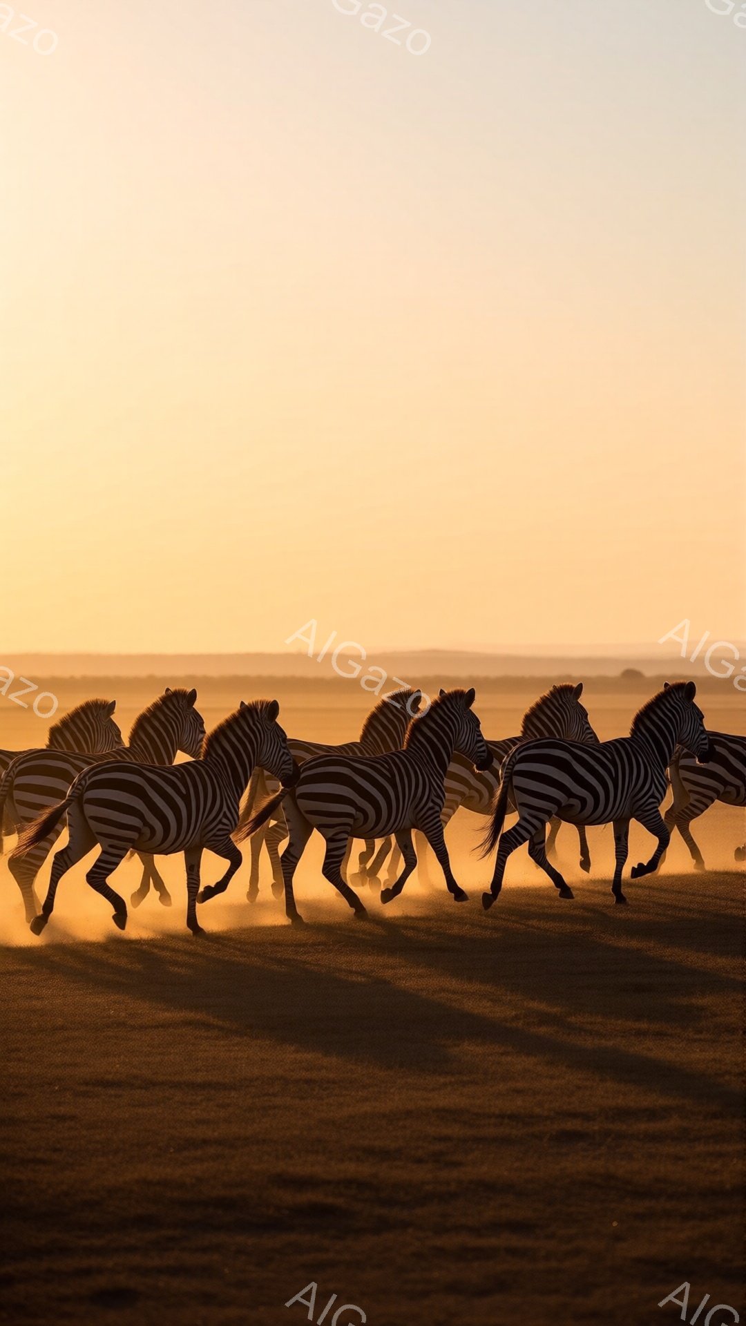 画像には、サバンナを疾走するシマウマの群れが写っている。彼らは、夕焼けのオレンジ色の背景を背景に、埃を巻き上げながら力強く走っている。このシーンは、野生の自然と動物の躍動感を捉えた、力強く美しい瞬間を表現している。