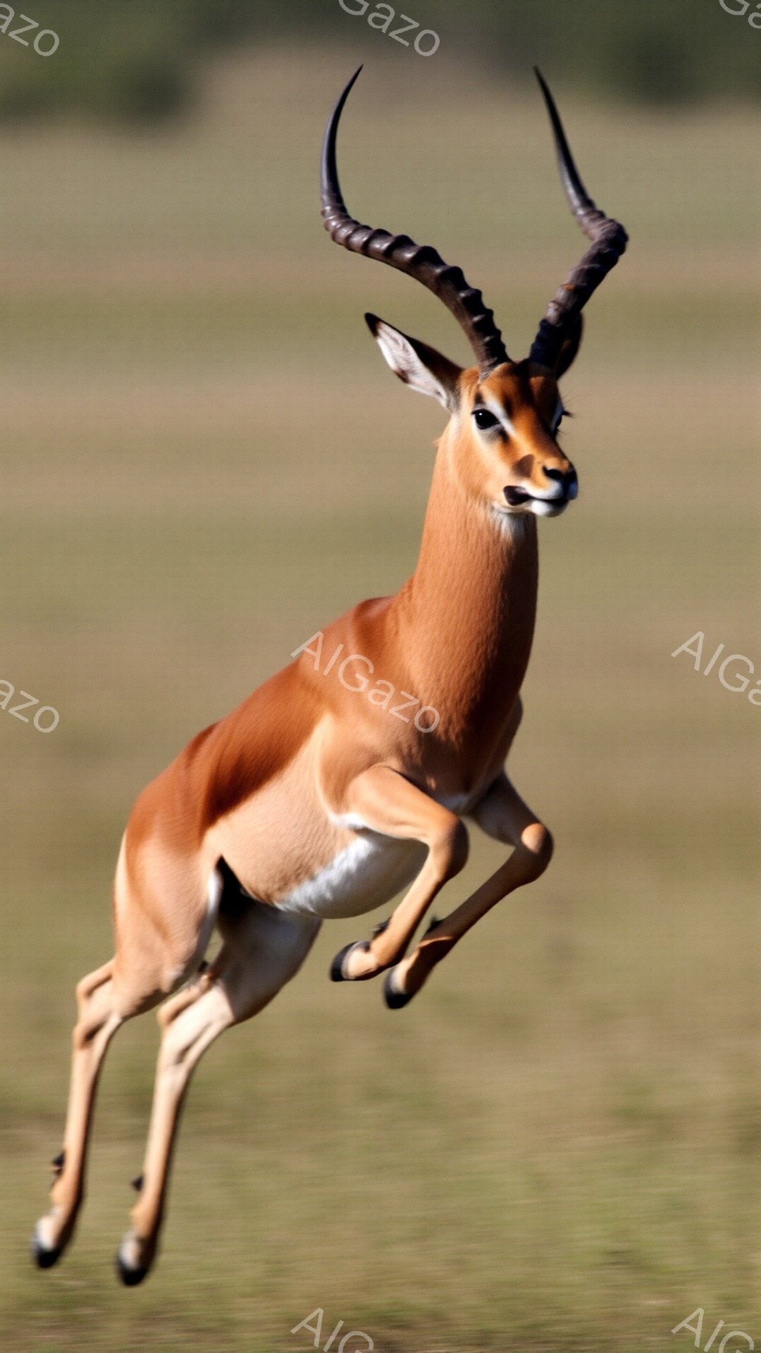滑らかな毛並みのインパラが、緑の草原を力強く飛び越えている様子が捉えられています。その体は鮮やかなオレンジ色で、後ろ足は白く、躍動感あふれる姿勢を見せています。背景はぼやけた緑色で、晴れた日の穏やかな自然の雰囲気が伝わってきます。