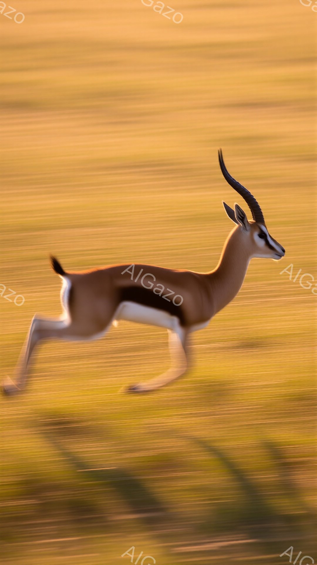 広大なサバンナを、シマウマのような模様を持つガゼルが力強く駆けている。背景は黄金色の草が生い茂る平原で、太陽の光が柔らかくあたりを照らしている。流れるような動きと、ガゼルの引き締まった姿勢が、野生の力強さと優雅さを表現している。