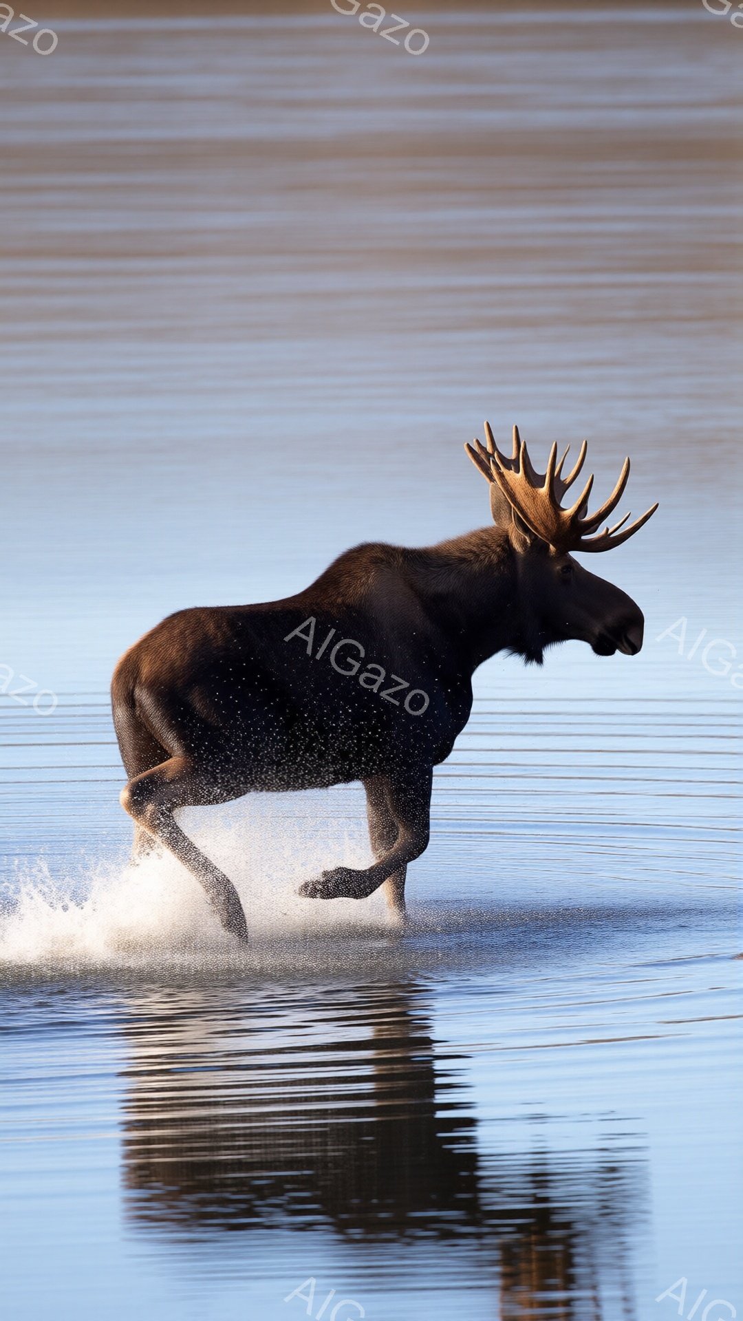 広大な水面を巨大なシカのオスが力強く駆け抜けている様子が捉えられています。水しぶきが舞い上がり、その動きと水面の反射が躍動感を強調しています。背景は穏やかな水面が広がり、自然の静けさと動物の力強さが共存する雰囲気です。