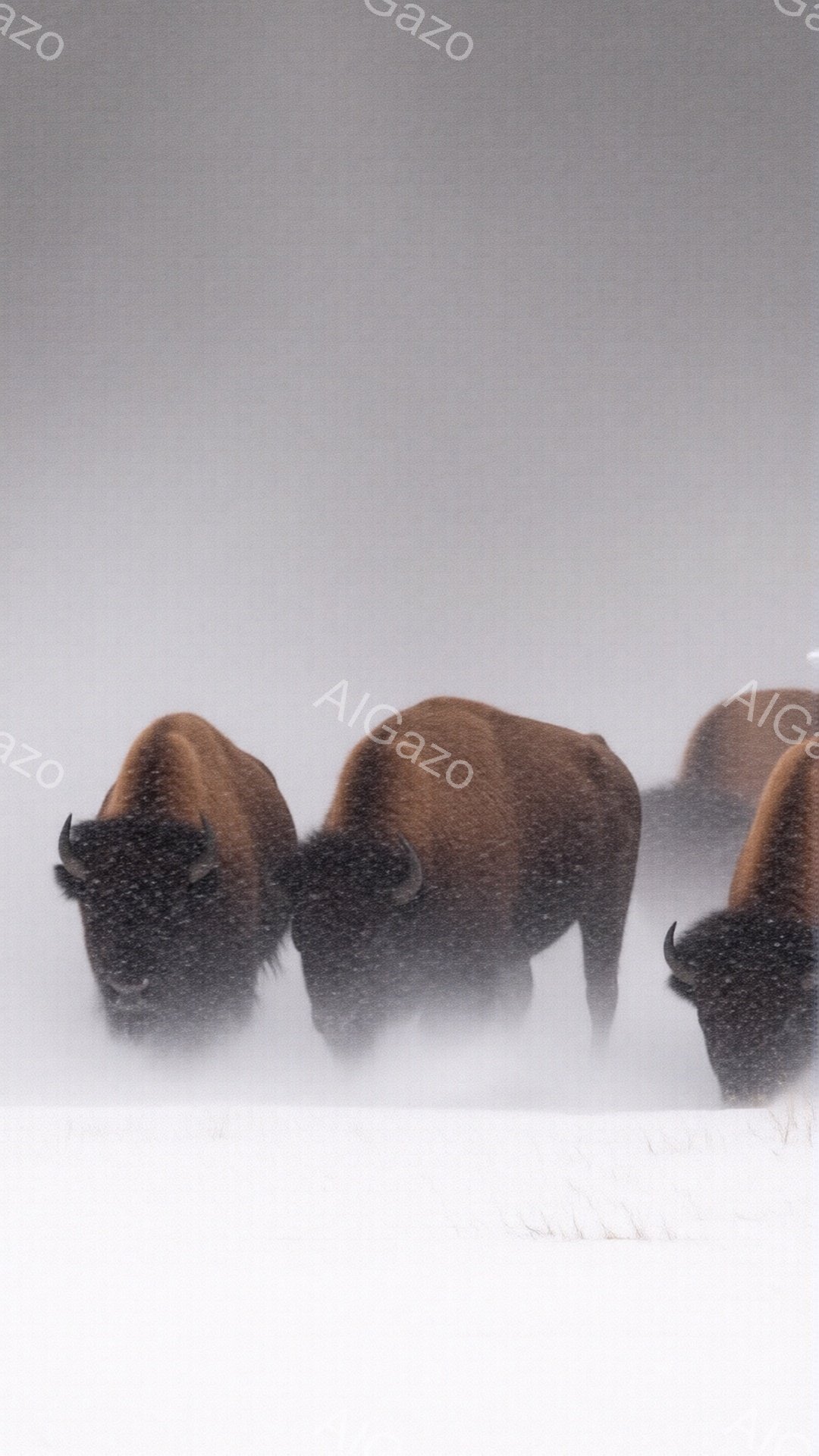 吹雪の中に佇むバイソンの群れが描かれている。雪に覆われた平原を歩み、毛皮に雪が付着して白く見える。厳しい冬の風景とバイソンの力強い姿が、荒涼とした雰囲気を醸し出している。