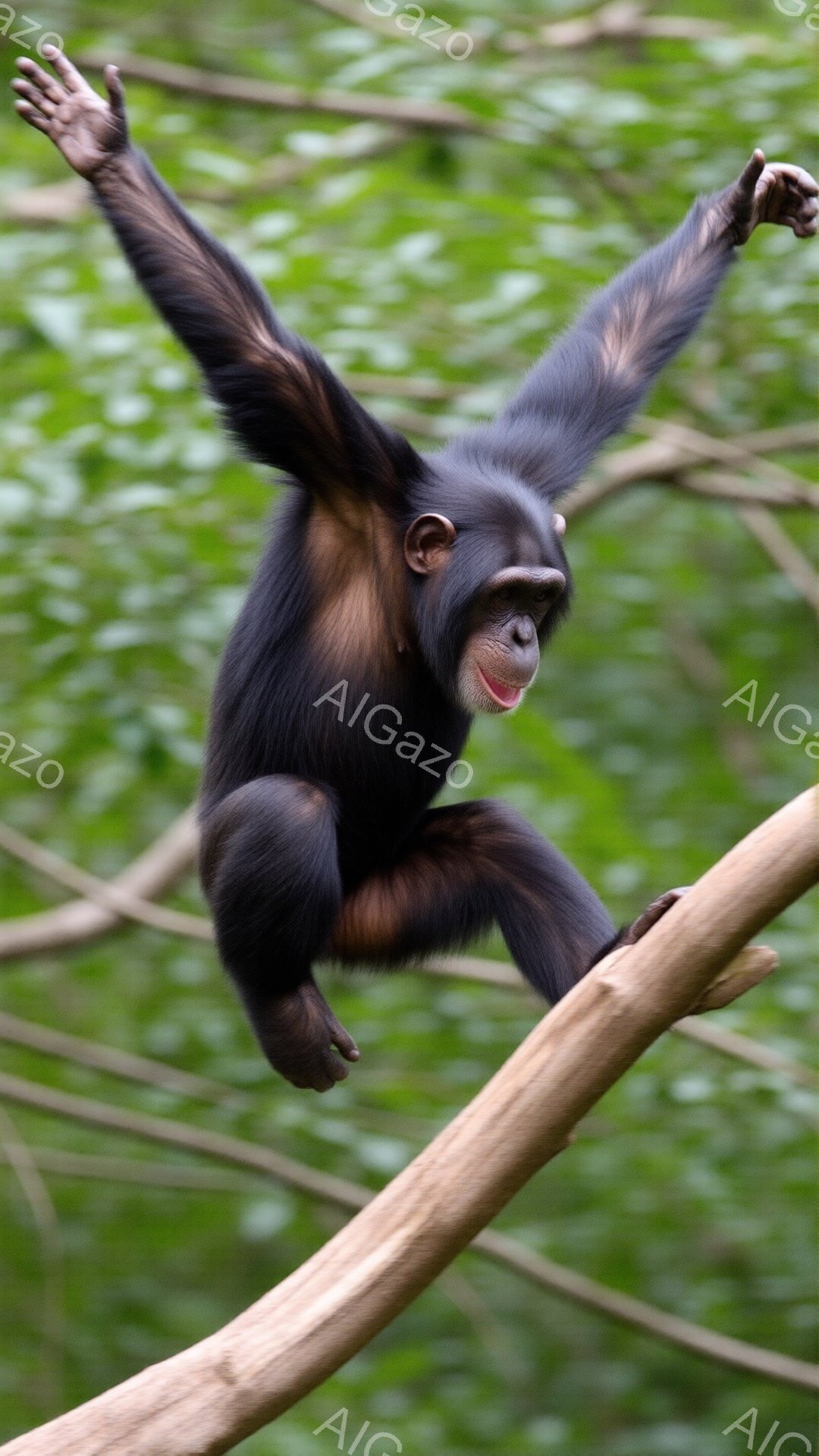 黒い毛並みのチンパンジーが木の枝につかまって体を伸ばしています。顔は少ししか見えませんが、どこか楽しそうな表情をしています。背景は緑豊かな植物で覆われ、自然の中でリラックスした雰囲気が漂っています。