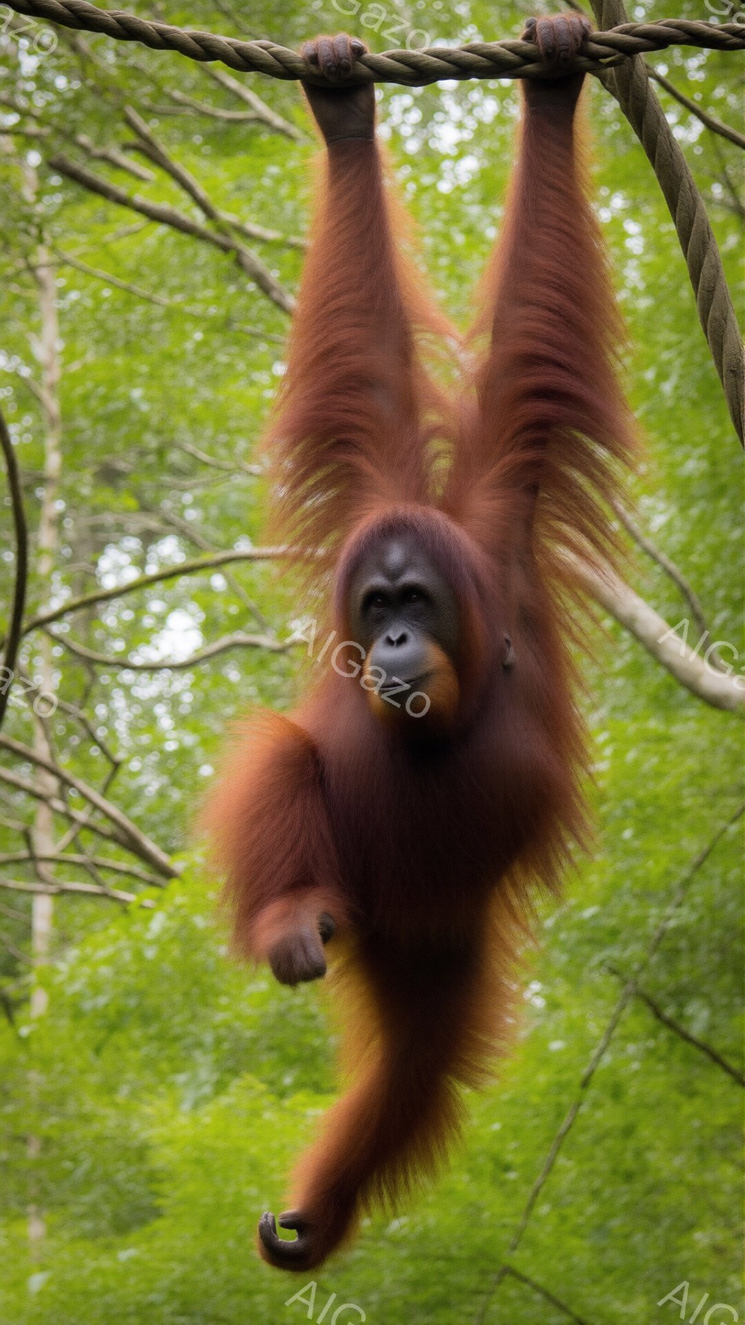 オランウータンがロープにぶら下がっており、その毛並みは鮮やかな赤褐色で、特に肩や腕にかけてふさふさとしている。表情は穏やかで、少し微笑んでいるように見える。背景は緑豊かな木々で、自然の中でリラックスした雰囲気が漂っている。