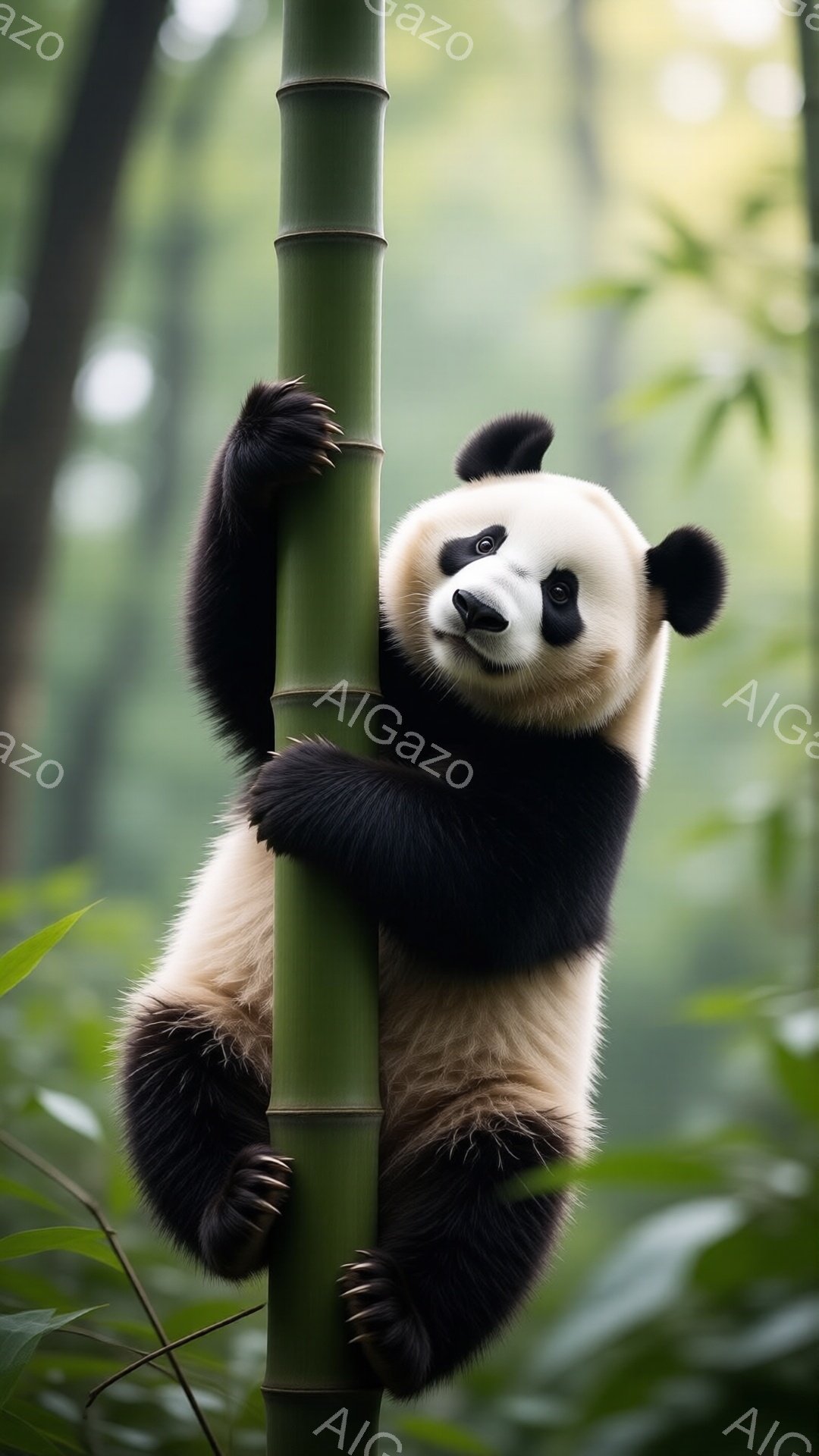幼いパンダが一本の竹に抱きついている様子が写っている。パンダは丸い体で竹にしがみつき、大きな黒い目と穏やかな表情でこちらを見ている。背景には緑豊かな竹林が広がり、柔らかい光が差し込み、穏やかで可愛らしい雰囲気を醸し出している。