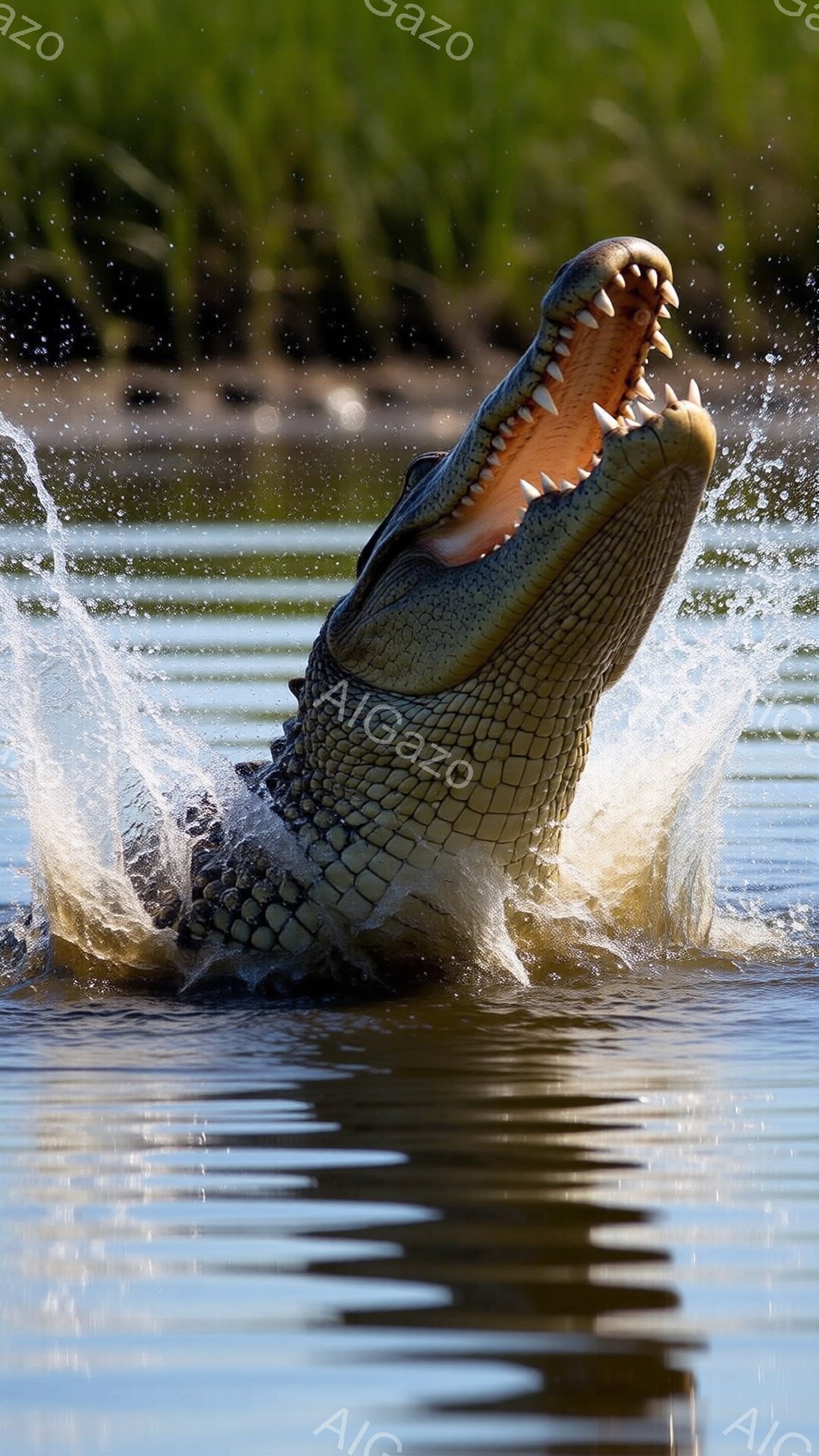 鮮やかな緑の植物が生い茂る水面から、ワニが口を開けて飛び跳ねている様子が捉えられています。ワニの鱗は丁寧に描写され、水しぶきがその躍動感を強調しています。背景は穏やかな水面と緑豊かな自然で、ワニの力強さと野生の雰囲気を際立たせています。