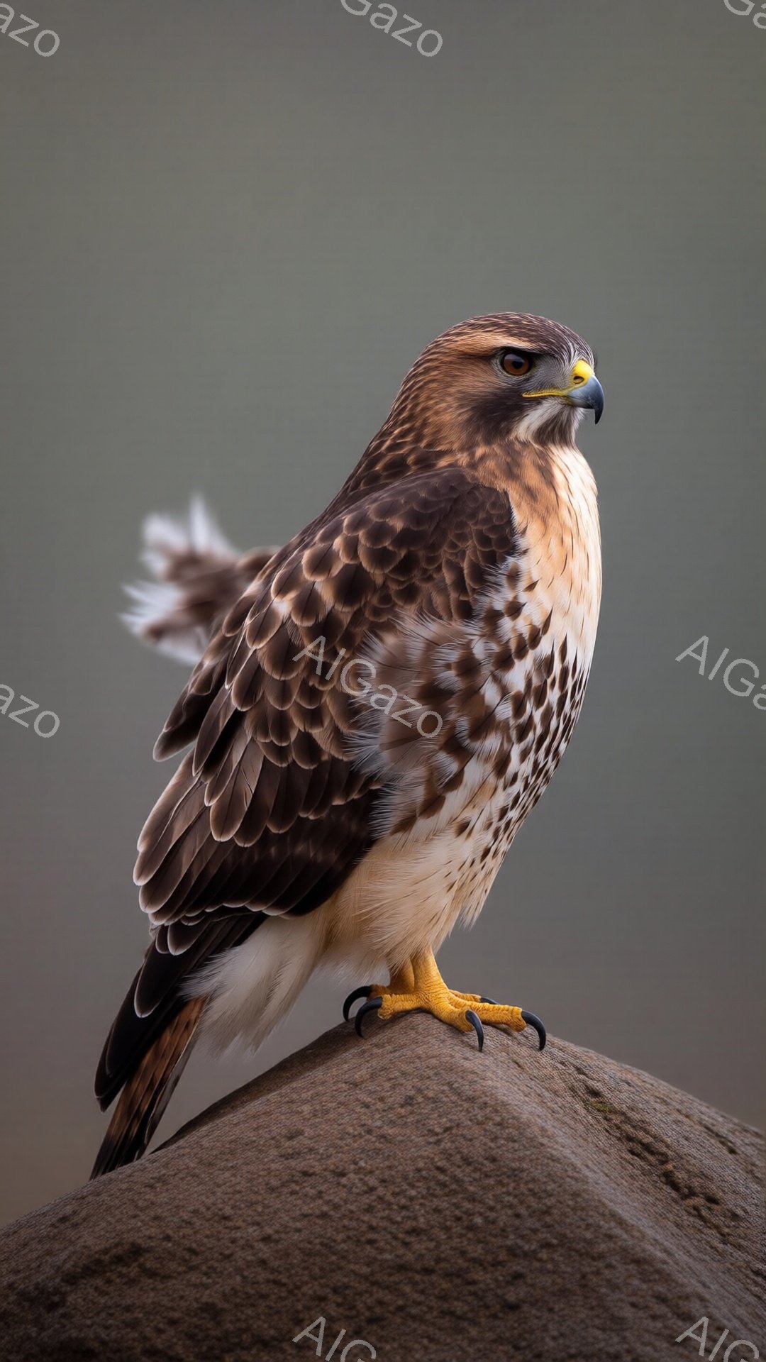 鮮やかな黄色の足を持つ、茶色と白の美しい猛禽類が、岩の上に誇らしげに立っている。その鋭い眼差しは前方を見据え、羽は丁寧に整えられている。背景は灰色がかったぼやけた色合いで、鳥の姿を際立たせ、静かで力強い雰囲気を醸し出している。