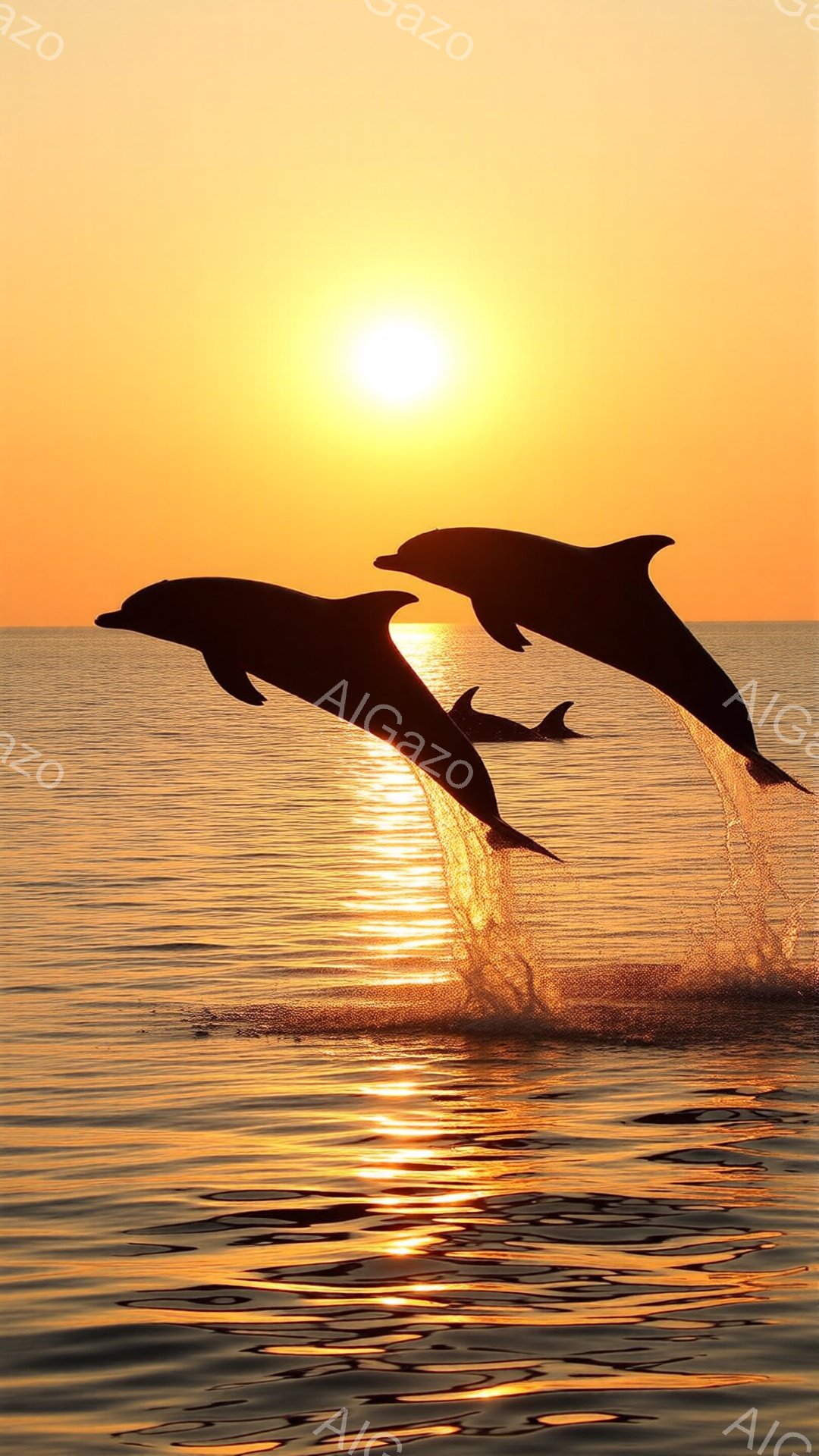 海面から飛び跳ねる3頭のイルカが印象的な画像です。夕焼けのオレンジ色の光が海面を照らし、イルカのシルエットを強調しています。穏やかな波と暖かな色調が、平和で美しい雰囲気を醸し出しています。