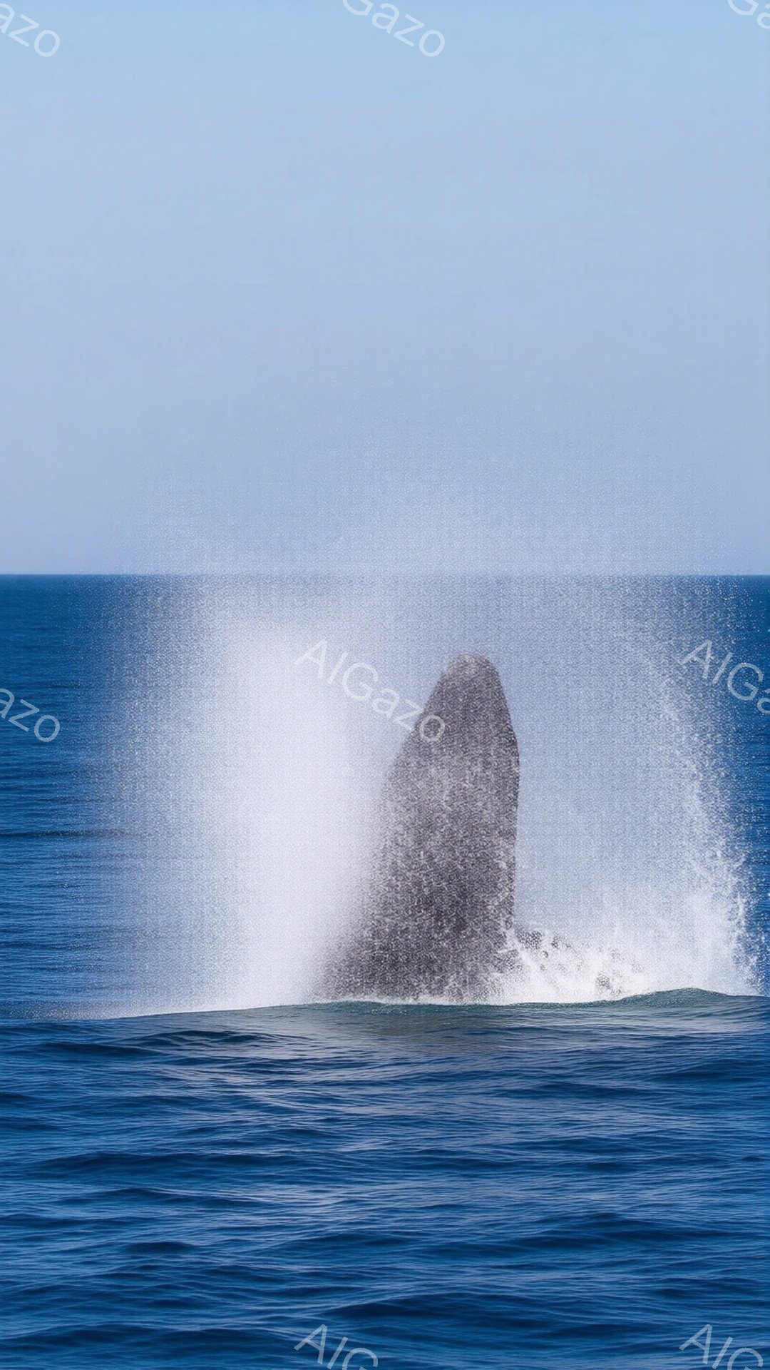 深い青色の海面から、巨大なクジラが水しぶきを上げながら姿を現しています。その体は濃いグレー色で、力強く海中へ潜っていく様子が捉えられています。背景は広大な海であり、穏やかながらもダイナミックな自然の姿が印象的です。