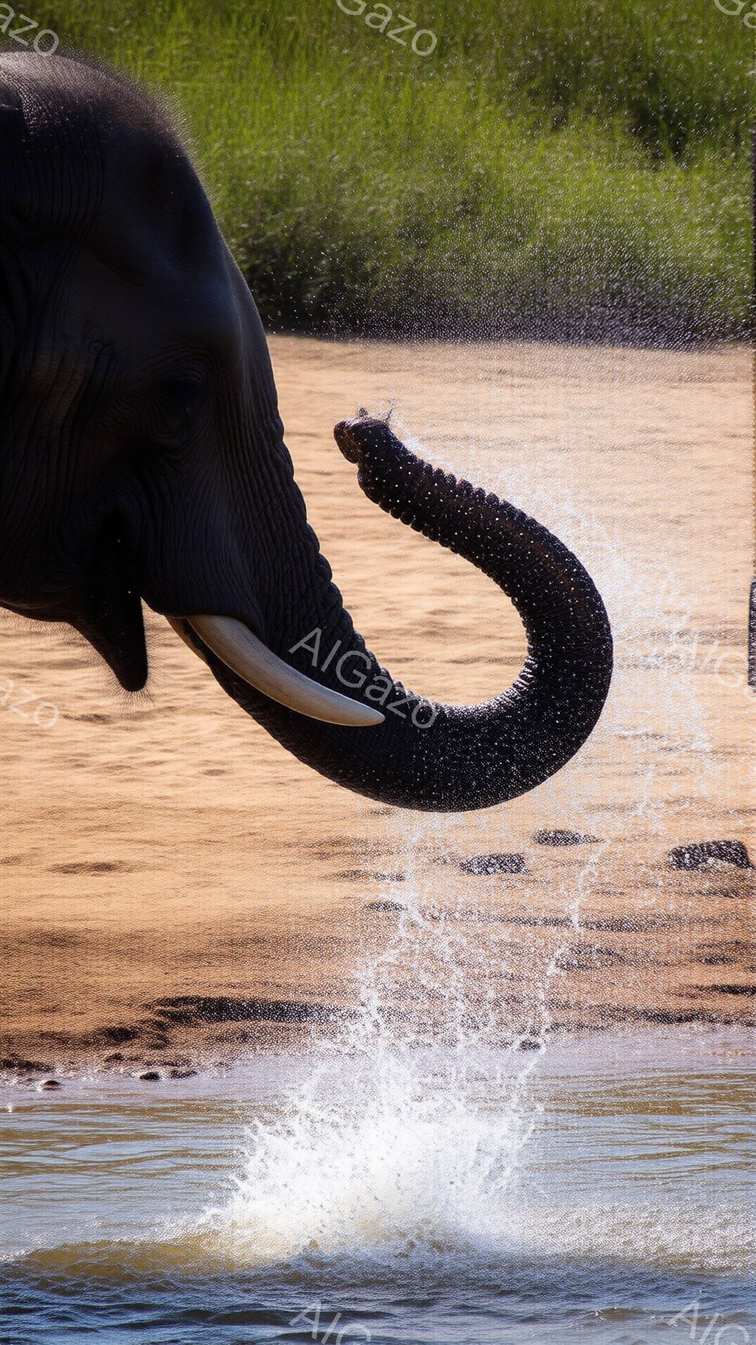 巨大なアフリカゾウが水中で鼻を高く上げ、水を勢いよく噴き出している様子が捉えられている。水しぶきが太陽の光を浴びて輝き、ゾウの暗い肌とのコントラストが美しい。背景には緑豊かな植物と、水面が広がり、野生の自然を背景とした躍動感あふれる瞬間を切り取っている。