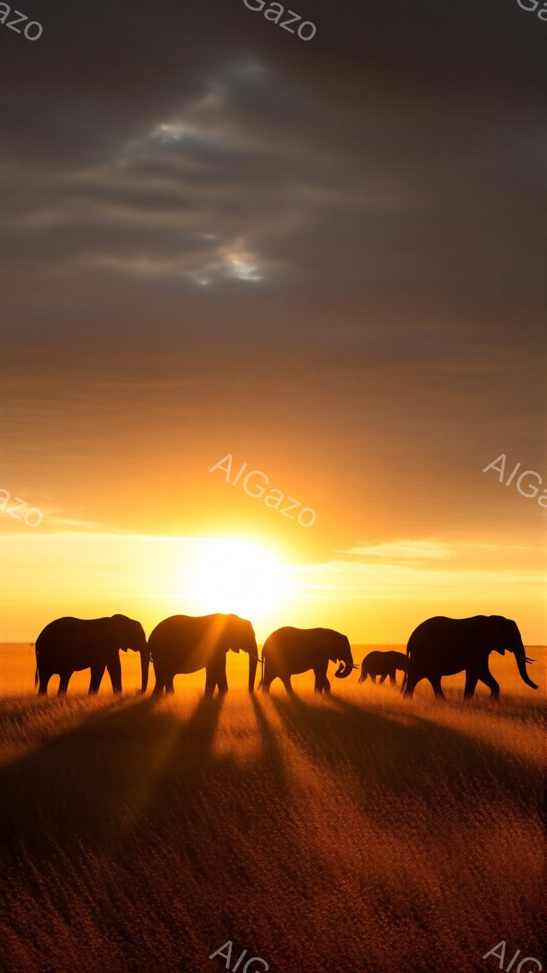 茜色の夕焼けを背景に、アフリカのサバンナを歩むゾウの家族がシルエットで描かれています。草を背景に、遠くに見える大人のゾウに続いて、子どものゾウが寄り添う姿は温かく、生命力に満ち溢れています。夕焼けが照らすサバンナの草地は黄金色に輝き、穏やかで平和な雰囲気を醸し出しています。