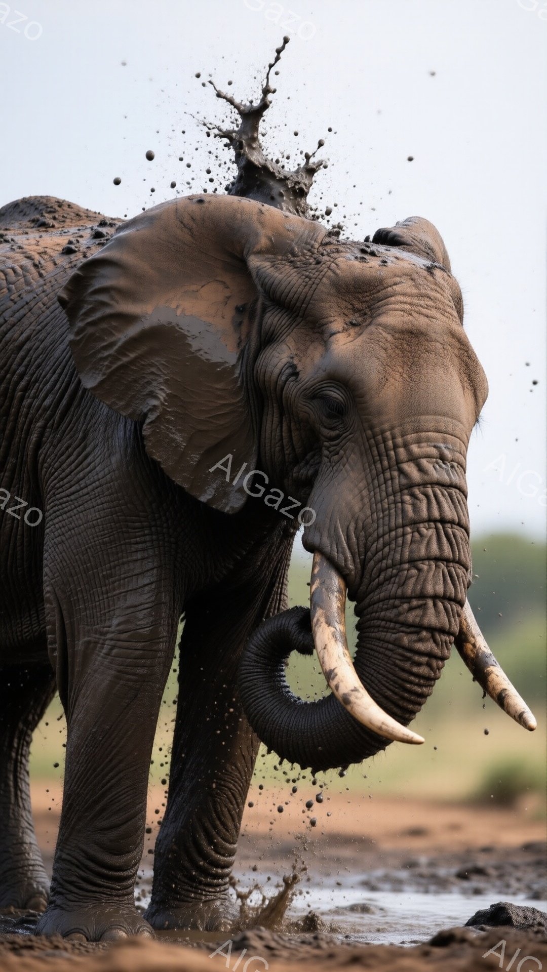 巨大なアフリカゾウが泥水を浴びており、水しぶきが宙を舞っている様子が捉えられている。その姿は力強く、泥に覆われた皮膚の質感と長く伸びた牙が印象的だ。背景には緑豊かな自然が広がり、日中の暖かい光が全体を照らしている。