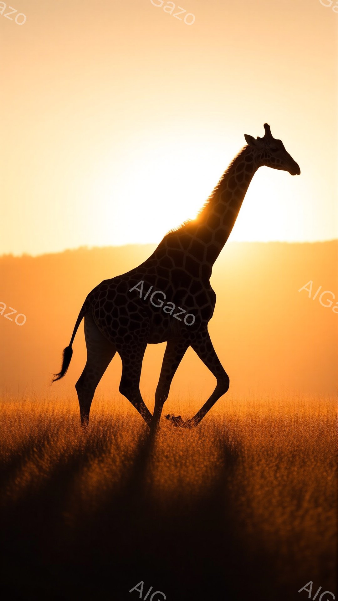 広大なサバンナでキリンがシルエットで描かれている。背景は鮮やかなオレンジ色の夕焼けで、草地はキリンの影に覆われている。キリンは動きのあるポーズで、力強く前進している様子が伝わる、温かくドラマチックな雰囲気の画像である。