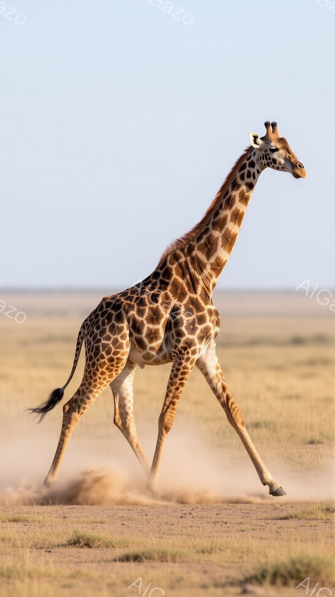 広大なサバンナをキリンが力強く走り抜けている様子が捉えられています。特徴的な斑点模様が際立ち、筋肉質な脚が地面を蹴り上げ、周囲に砂塵を巻き上げています。背景は地平線まで続く乾燥した平原で、晴天の下、生き生きとした自然の躍動感が伝わってきます。