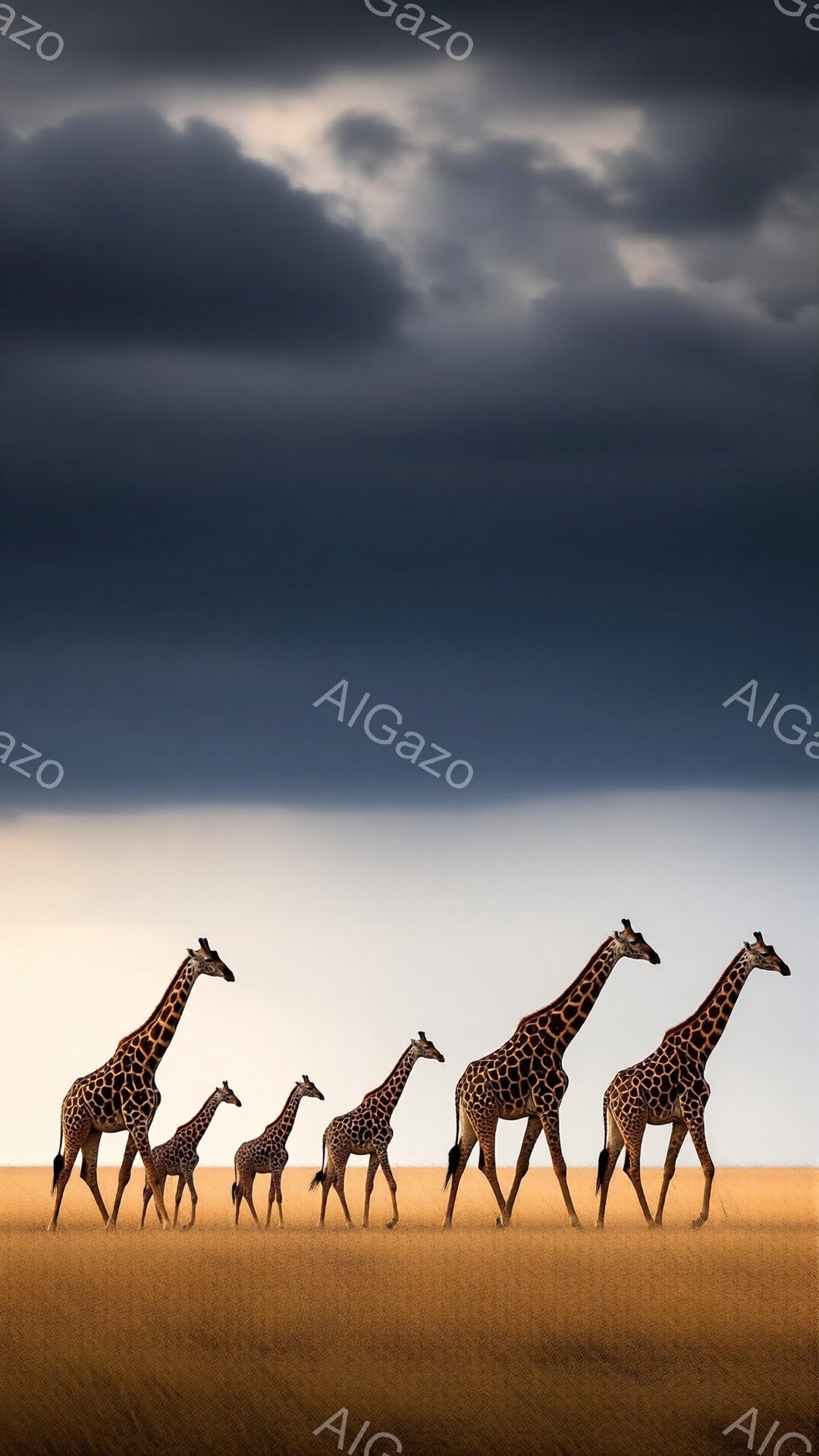 広大なサバンナに、大小さまざまなキリンが横一列に歩いている。空は厚い雲に覆われ、重厚な雰囲気を醸し出しているが、地平線にはわずかな光が見え、ドラマチックな光景を作り出している。キリンたちはそれぞれ異なる高さと模様を持ち、自然の多様性を表現している。
