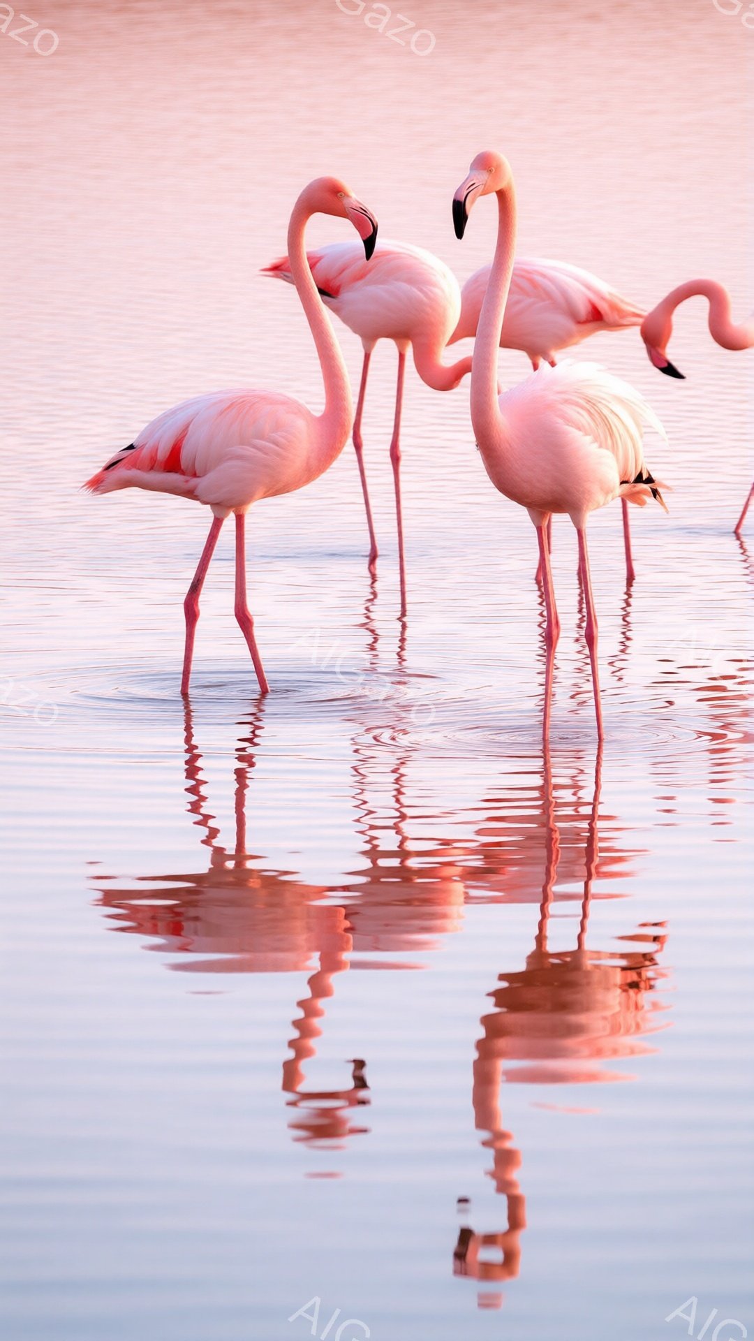 明るいピンク色のフラミンゴが数羽、水面に静止して立っている。水面にはフラミンゴの鮮やかなピンク色が反射し、水面全体が淡いピンク色に染まっている。背景は水面のみで、穏やかで平和な雰囲気が漂っている。