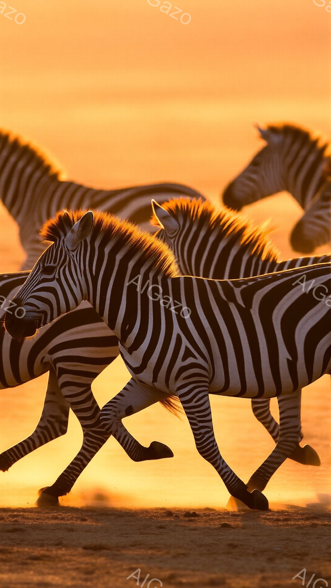 縞模様のシマウマが数頭、夕焼けに照らされた大地を駆け抜けている。夕日はオレンジ色と赤色のグラデーションで空を染め上げ、シマウマのシルエットを際立たせている。シマウマたちは活発に走り、力強い躍動感と自由な雰囲気を醸し出している。